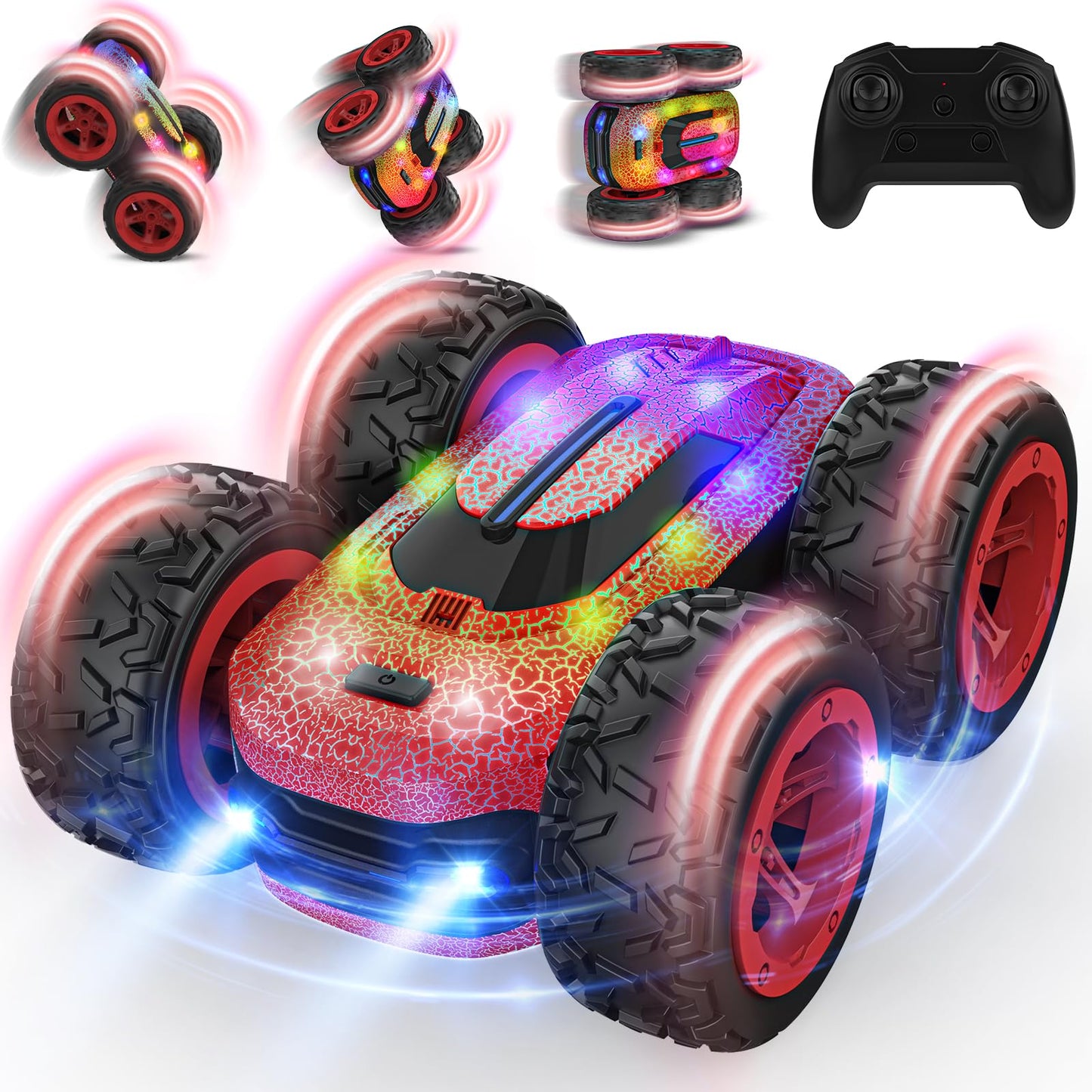 Remote control car for kids aged 3-12 years. 4WD RC car with 2.4Ghz frequency, 360° LED lights, stunt drift capabilities. Perfect toy for indoor/outdoor play, great for Christmas or birthday gifts for boys and girls.
