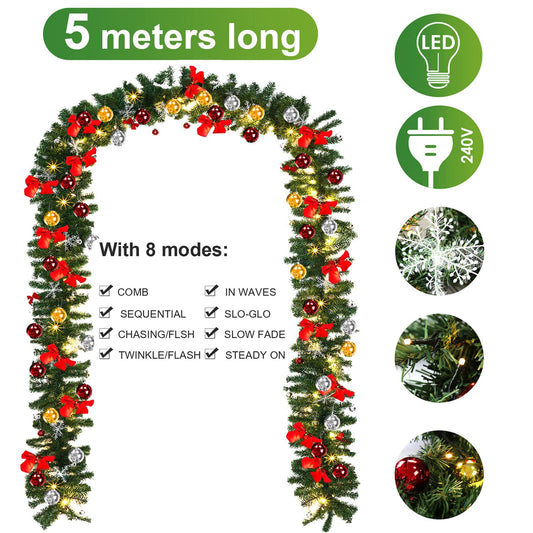 Yakimz Christmas Garland Artificial, 5m with 100 Warm White LED Lights, including Decorations, Artificial Green Pine Garland Christmas Decoration Indoor and Outdoor Garland