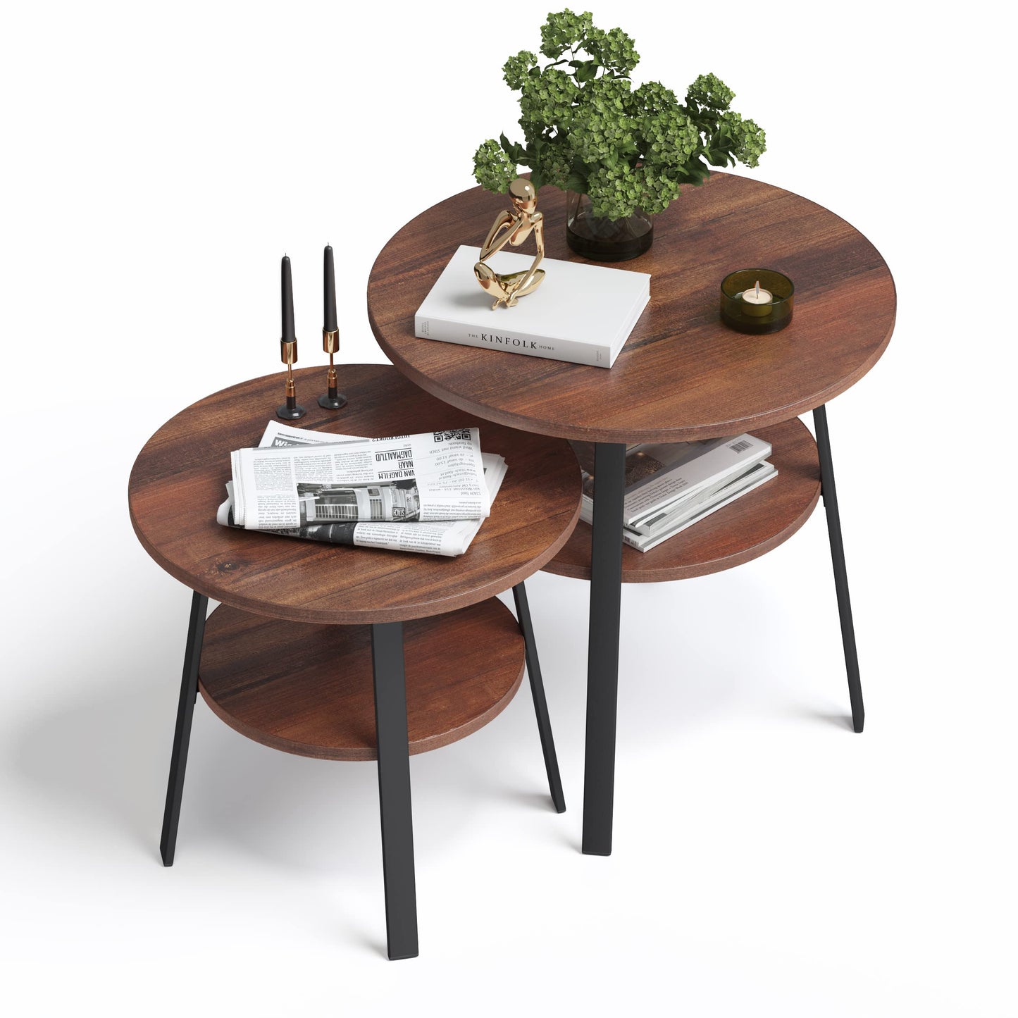 stardis side table round stable metal frame/wood Ø43xH 44 cm, 2 shelves bedside table coffee table for living room bedroom, walnut finish