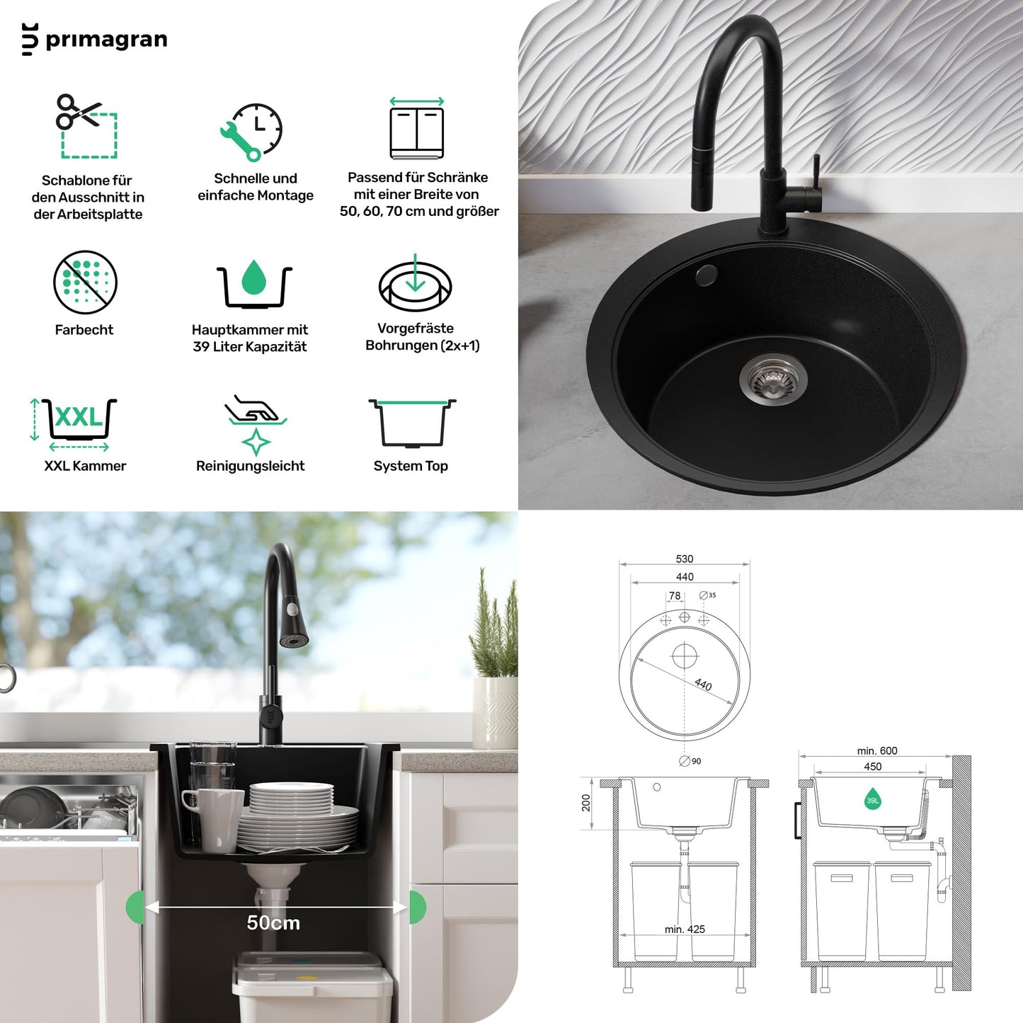 PRIMAGRAN Round Black Sink 53x53cm, Round Sink 1 Basin + Kitchen Faucet 40x20cm + Accessory Set, Kitchen Sink for 50cm Base Cabinet - Pisa Max S031