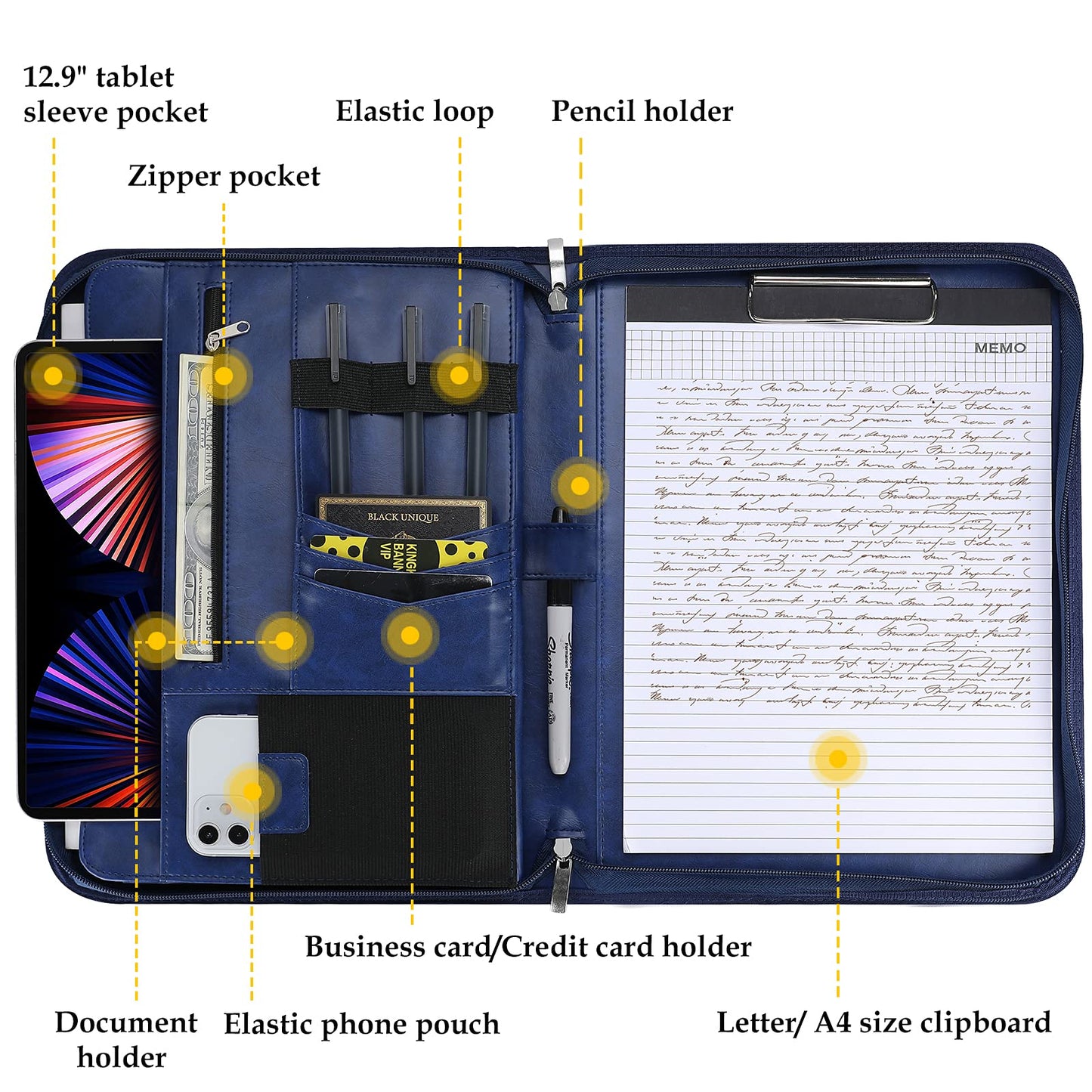 ProCase A4 Writing Pad PU Leather Conference Folder Portfolio with Zipper Clipboard Notepad Business Document Holder, lightweight, durable material - Navy