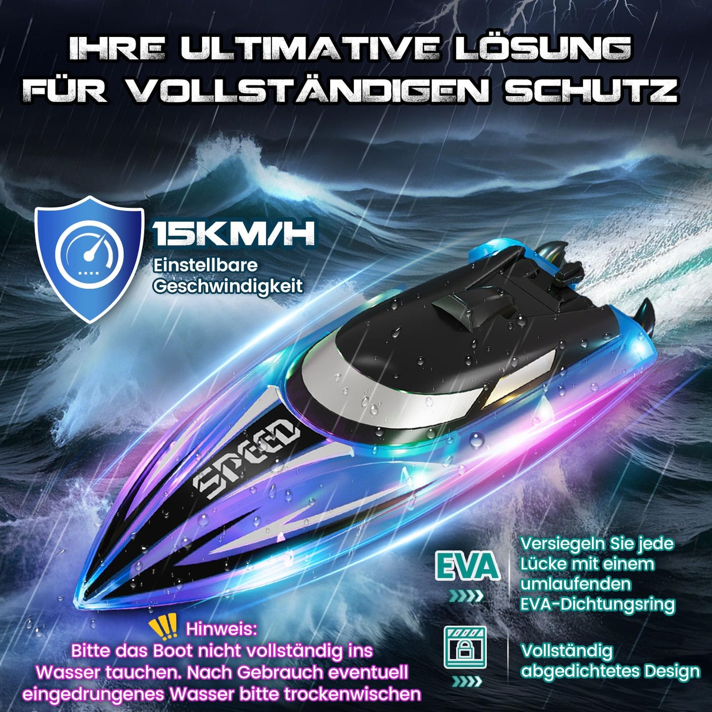 YOOHBERRYS Remote Control Boat 2 Pack, RC Boat with LED Light for Pools and Lakes, 2.4 GHz Remote Controlled Boats RC Racing Boat, Speedboat Pool Toy for Kids and Adults (Red + Blue)