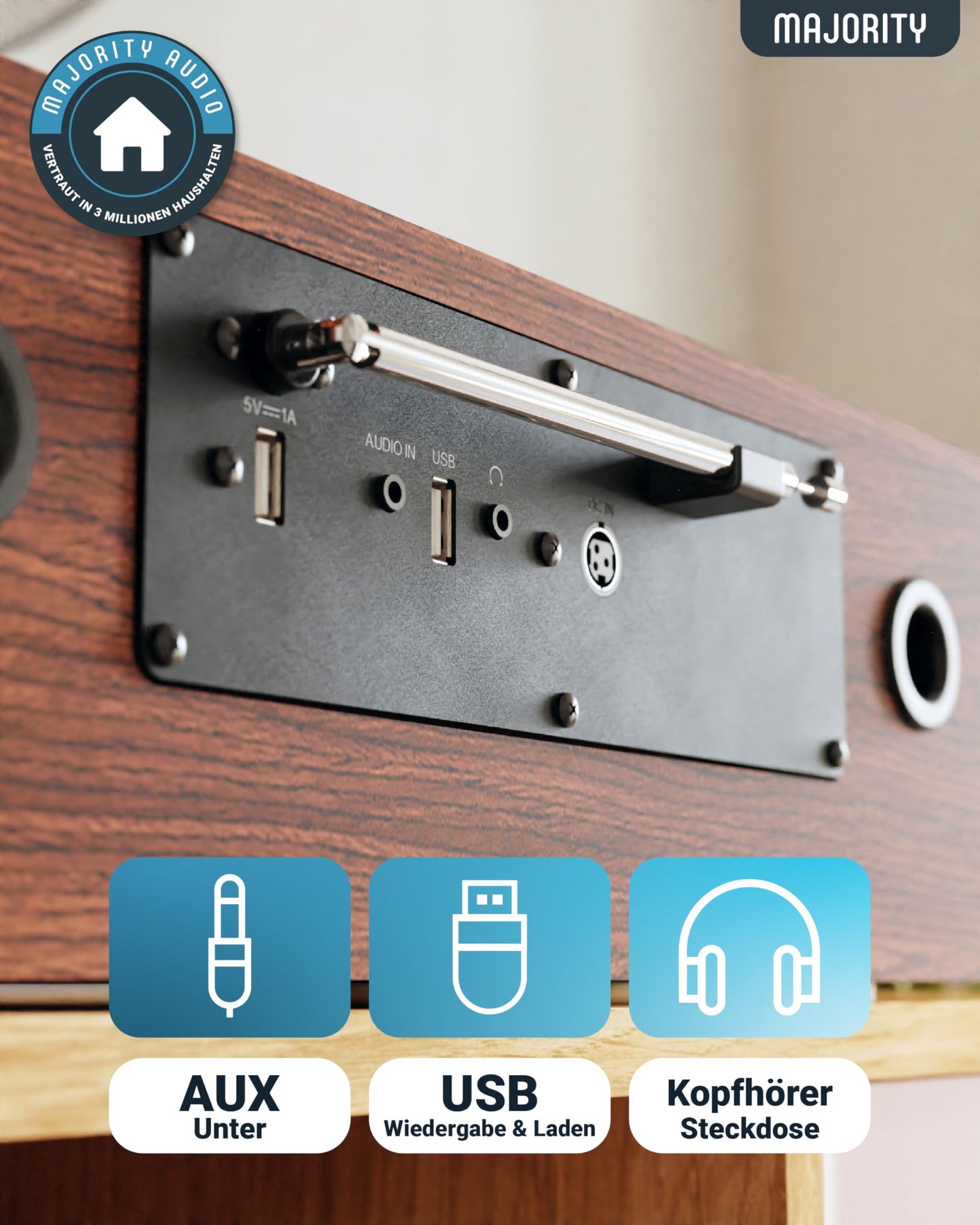 Majority Oakington DAB & FM CD player and digital radio compact system with Bluetooth speaker. HiFi system with dual USB input/charging, AUX/USB, DAB radio, and CD stereo system.