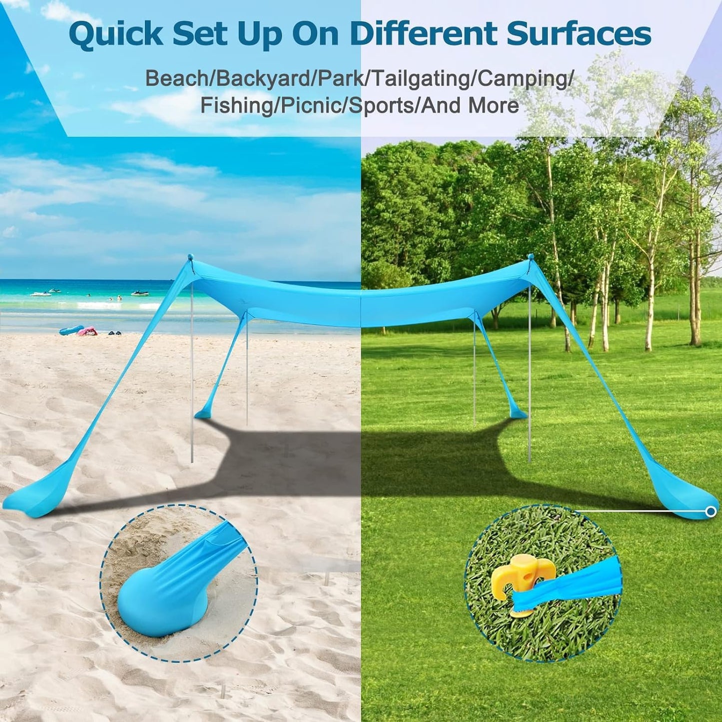 The COMMOUDS sun shade 3M x 3M, UPF50+ beach tent with 4 aluminum poles and sandbags for 6-8 people provides portable sun protection. Easy setup for picnics, outdoor fishing.