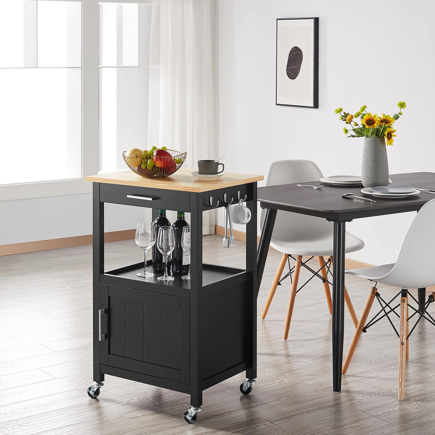 Yaheetech kitchen cart on wheels, serving cart with cabinet and shelf, wooden countertop, rolling cart 55x45x89cm, country style kitchen trolley in black.
