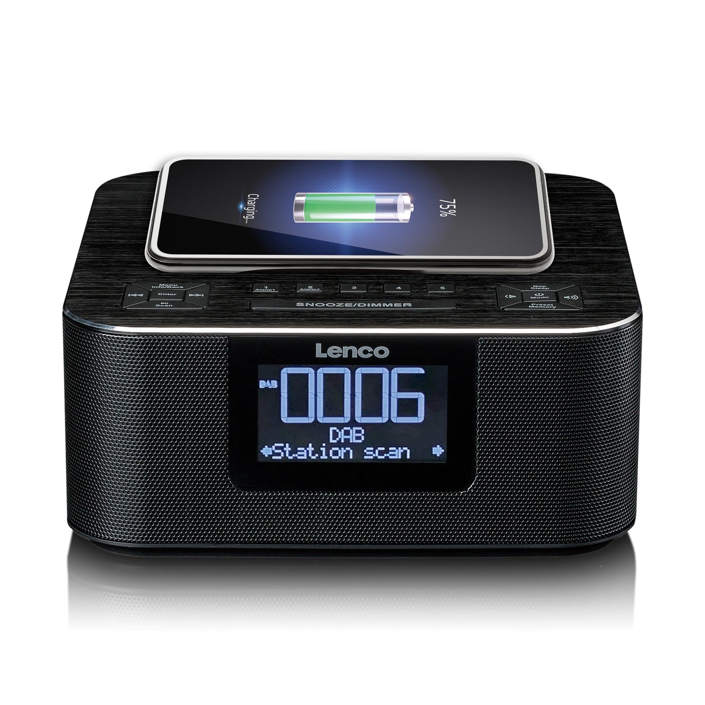 Lenco CR-650 DAB+ clock radio - alarm clock with DAB+ and FM - 20 station presets - snooze function - 2 x 2 watts RMS - LCD display - USB and QI charger - black