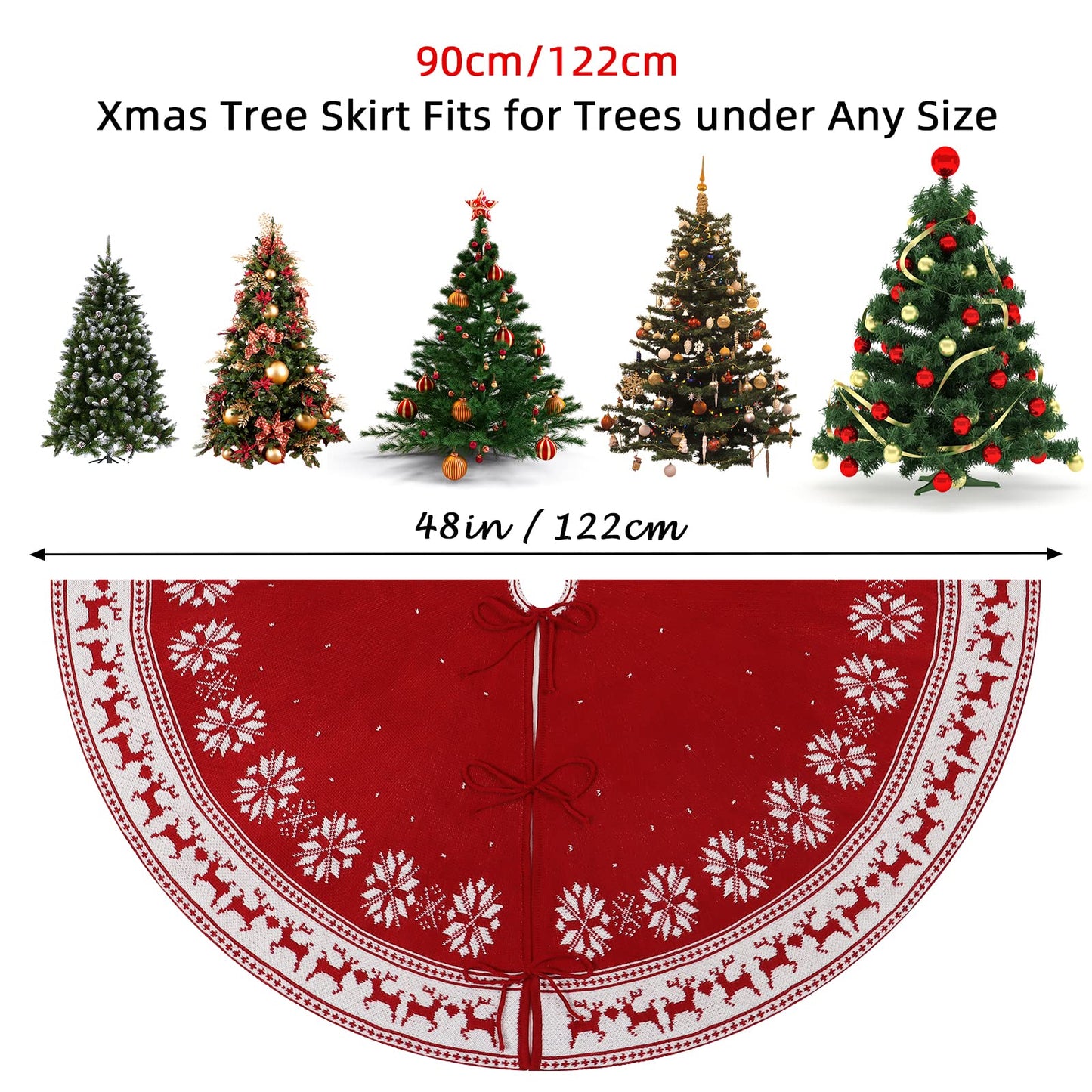 Dreamisland Large Christmas Tree Skirt, 122cm Red Knitted Christmas Tree Skirt Carpet Snowflakes Reindeer Tree Skirt Christmas Tree Skirt Round Tree Stand Mat Home Celebration Christmas Tree Decoration