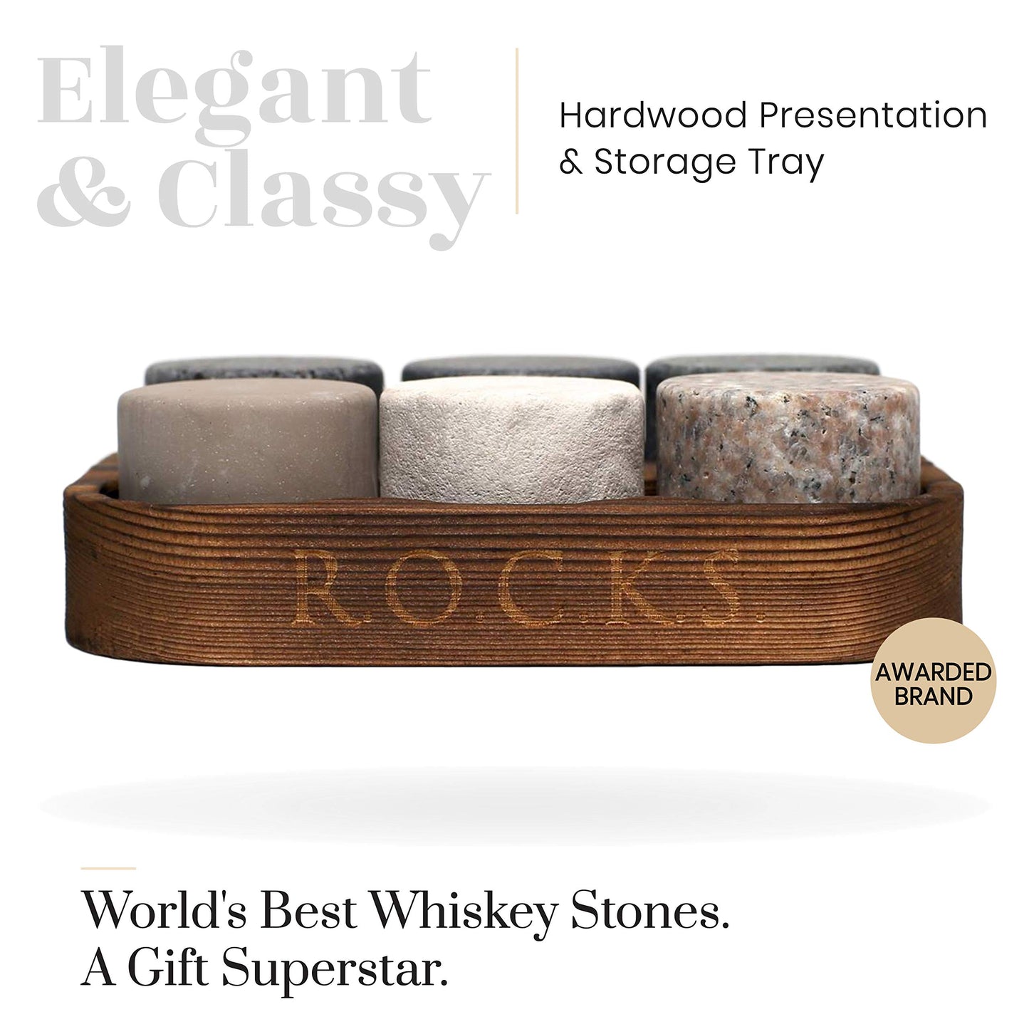 Whiskey Stones Gift Set- 6 Handcrafted Premium Granite Stones- Presentation & Storage Tray Made of Hardwood R.O.C.K.S.