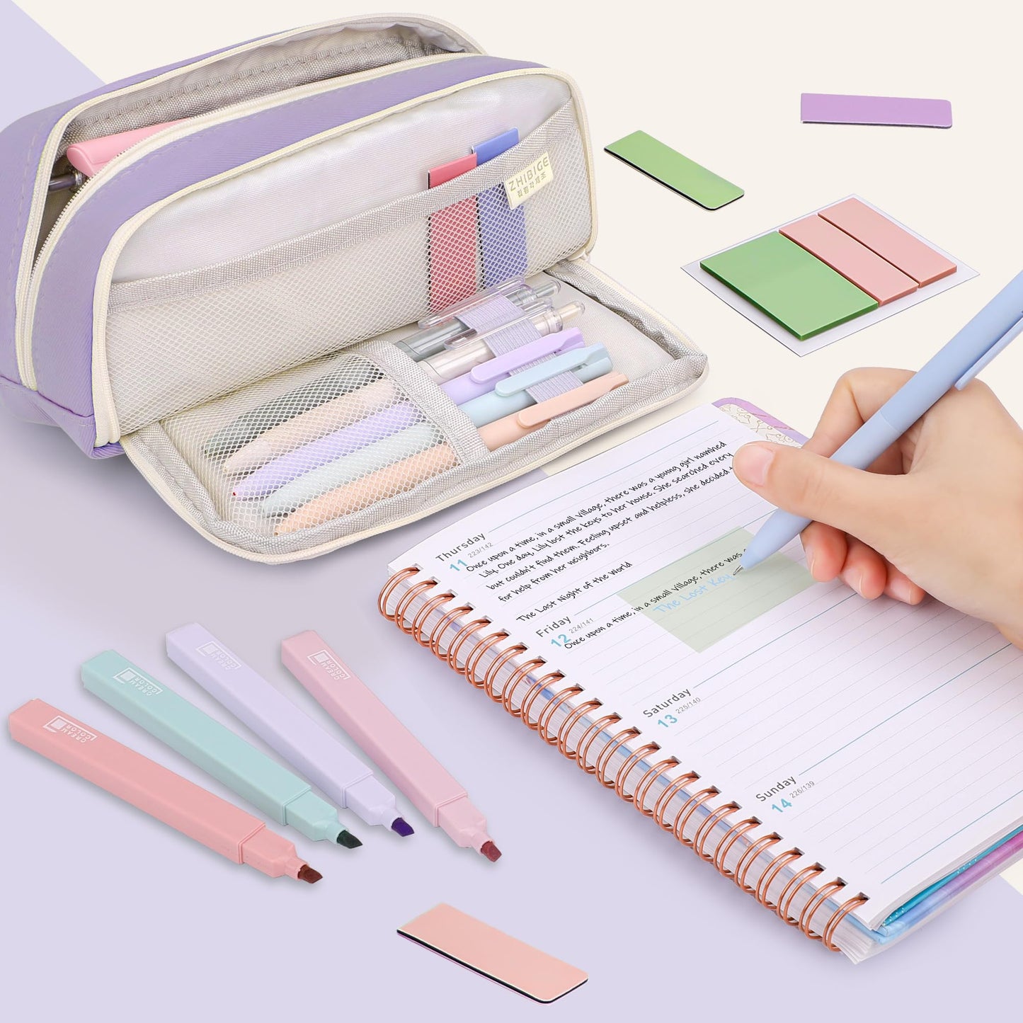 COZCLAM 32pcs School Supplies Aesthetic with Purple Pencil Case, 12 Pastel Highlighters, 5 Black Gel Pens, 6 Color Pencils, 5 Bookmarks, and Sticky Notes, Aesthetic School Stuff Clean Girl School Accessories