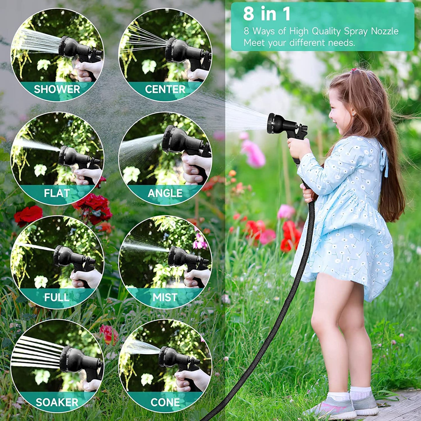 Flexible garden hose 30m with 8 function garden hand spray nozzle. Flexible garden hose 3/4 inch & 1/2 inch with hose hook storage bag. Water hose for garden, pet, car wash. Black.