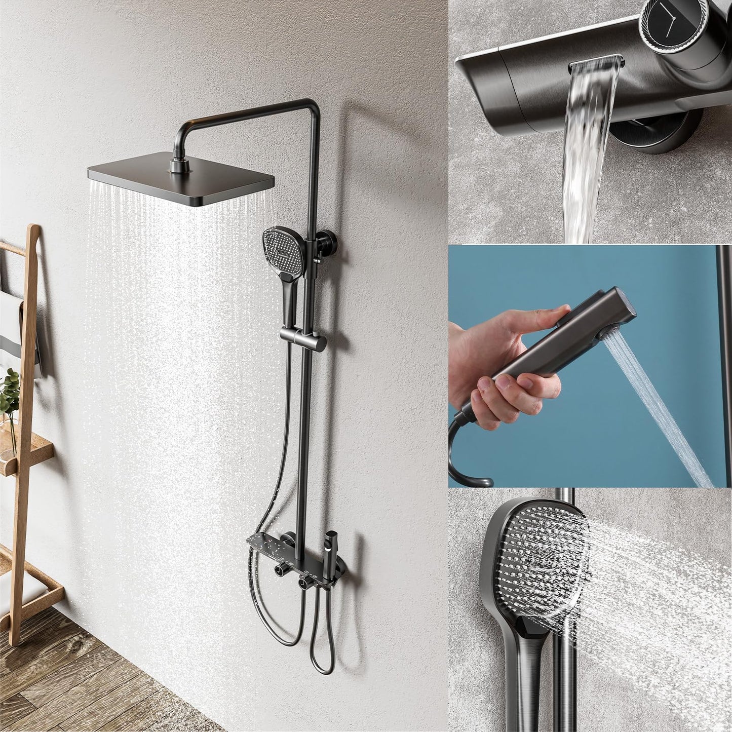 QREZAA Shower System with Thermostat, Featuring 32 X 22cm Rain Shower Hand Shower Bidet Sprayer Bathtub Faucet, Adjustable Shower Column, Wall Mount Shower Set, Thermostat Brass Valve (Gray)