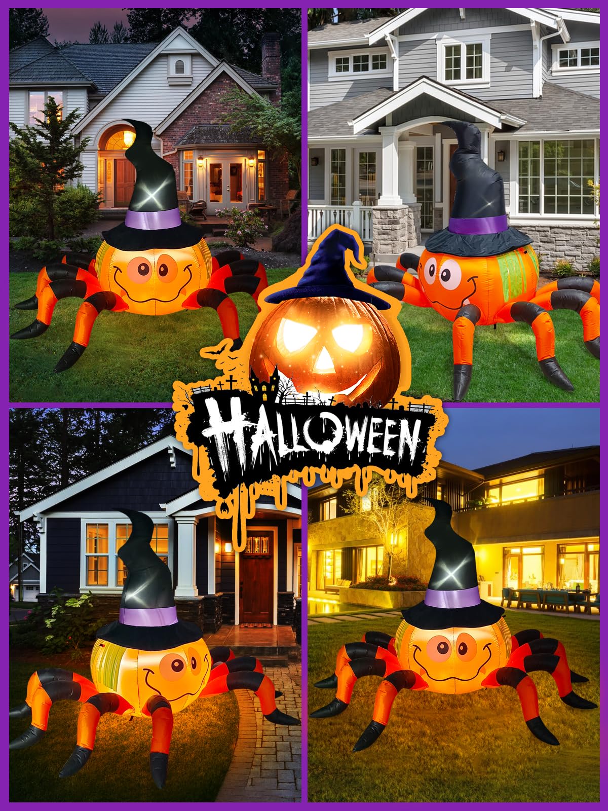 Kalolary 6.5FT Inflatable Pumpkin Spider with Witch Hat - Halloween decoration for indoor and outdoor use