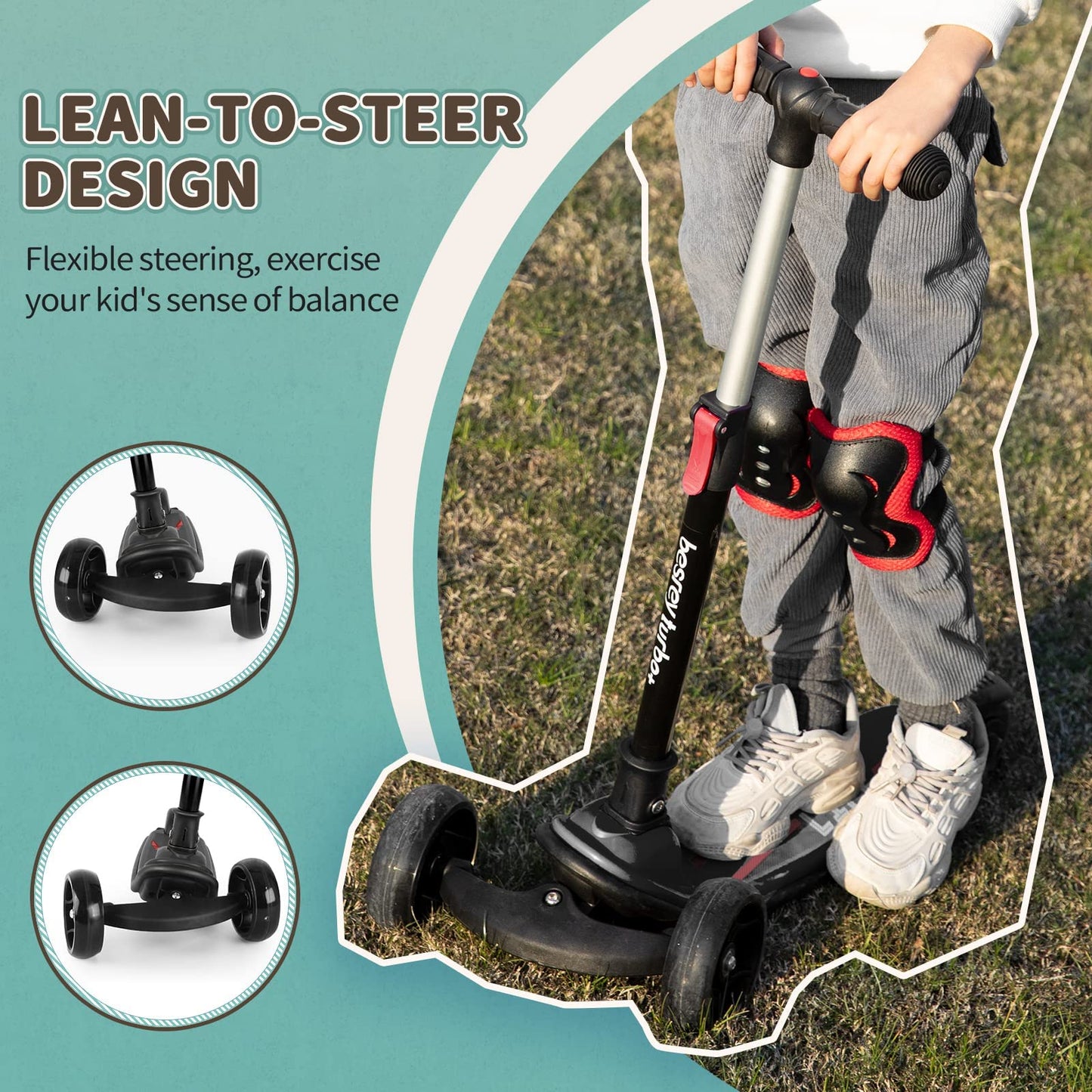 Besrey Kids Scooter, the safe tricycle scooter with PU LED light-up wheels, foldable adjustable height, lightweight with weight capacity up to 50 kg, suitable for toddler boys and girls.