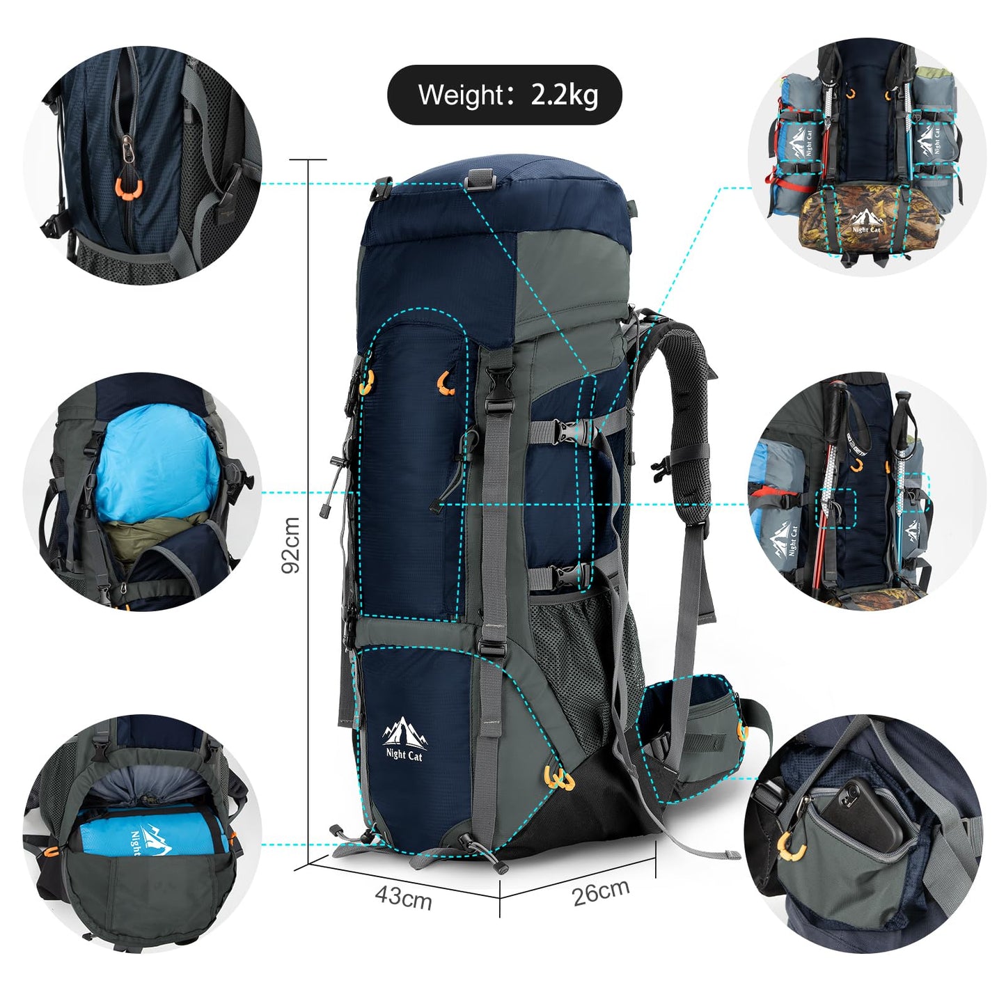 Night Cat Backpack 90L: Trekking Backpack Travel Backpack Men Women Breathable for Camping Trekking Mountaineering Climbing Bike Travel