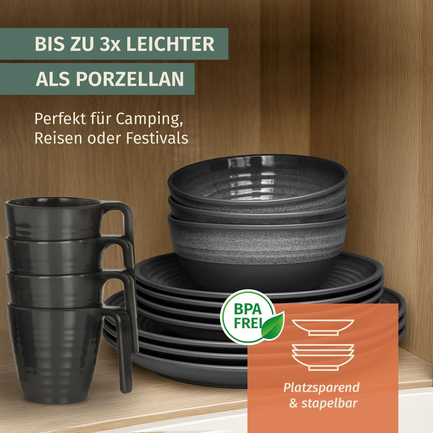 Melamine Camping Tableware Set for 4 Persons in Stone Grey Color, including 4 Stone Coffee Cups. Ideal for picnics, BBQs, and outdoor cooking.