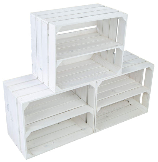 3-piece set of new white fruit crates with middle shelf. Perfect for storing apples, wine bottles, or as a shoe rack. Size: 50 x 30 x 40 cm (WHITE WITH INSERT "LONGWAYS")