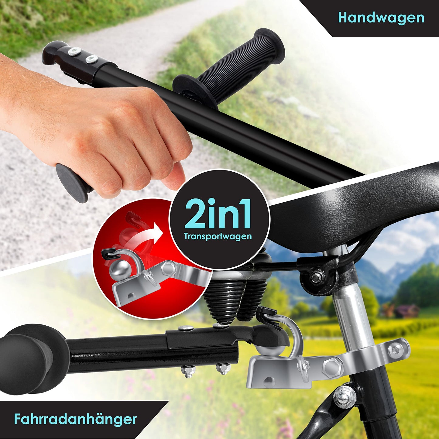 KESSER® Bike trailer, cargo trailer, hand cart with coupling, high drawbar, for transporting bikes. Transport box with 70 liters volume, max. 60kg, + accessories for bikes with 26-28 inches, red.