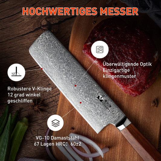 FUJUNI Nakiri Knife Cleaver Knife Damascus Kitchen Knife With Extremely Sharp 17.5 cm Blade Made of 67 Layers Vg-10 Damascus Steel Chinese Chef's Knife, Wooden Handle, Gift Box