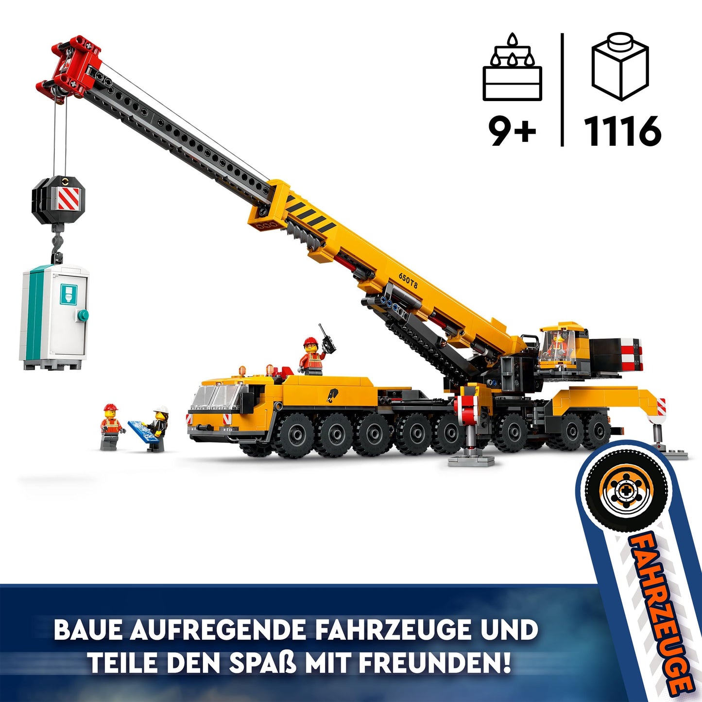 LEGO City Mobile Construction Crane, building toy for boys and girls, gift for creative kids, extendable boom, 4 construction worker minifigures for role-playing 60409