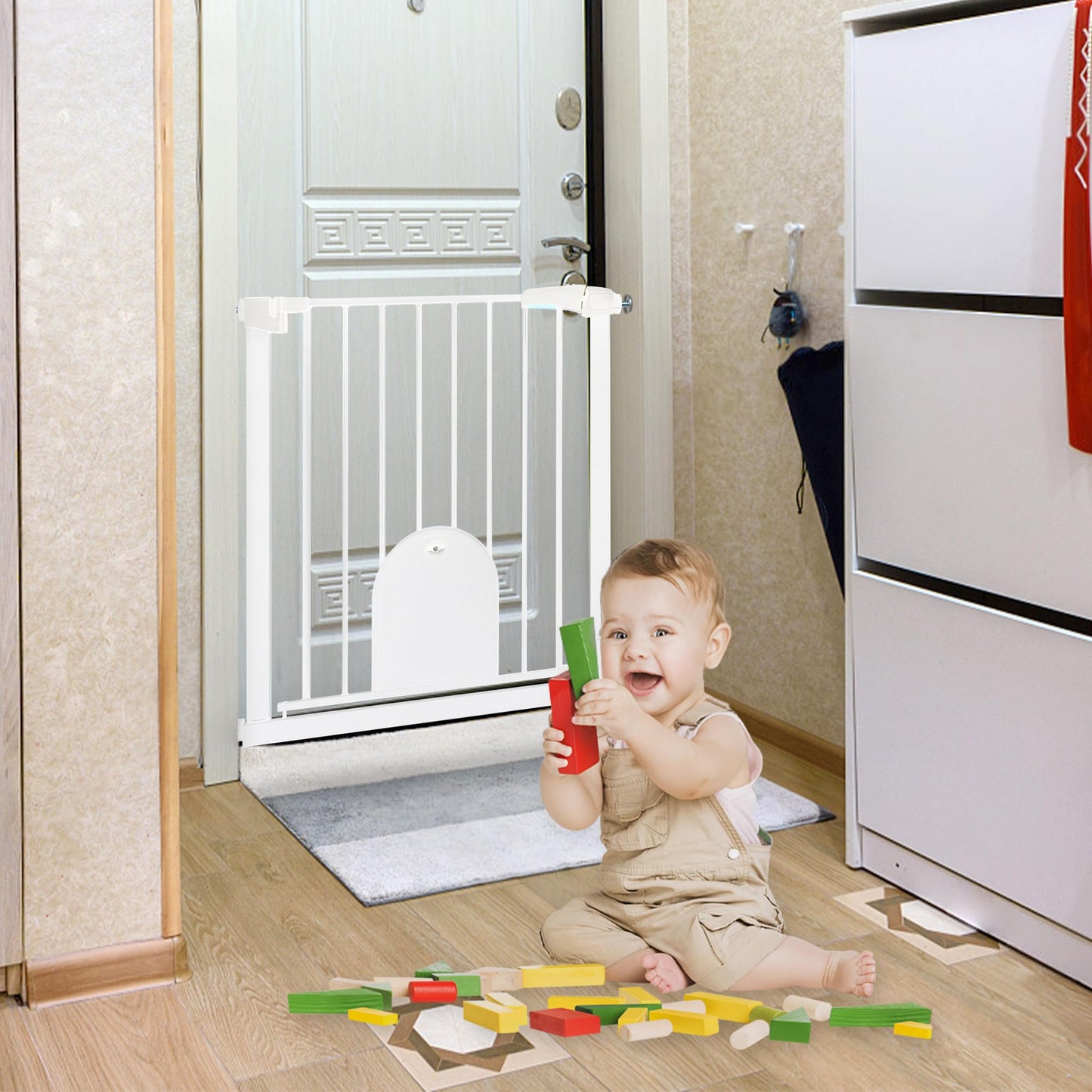 Froadp Door Safety Gate Baby Gate 75-85cm Child Gate Without Drilling Safety Gate with Door for Dogs and Cats Double-Swing Barrier Automatic Pet Gate, White