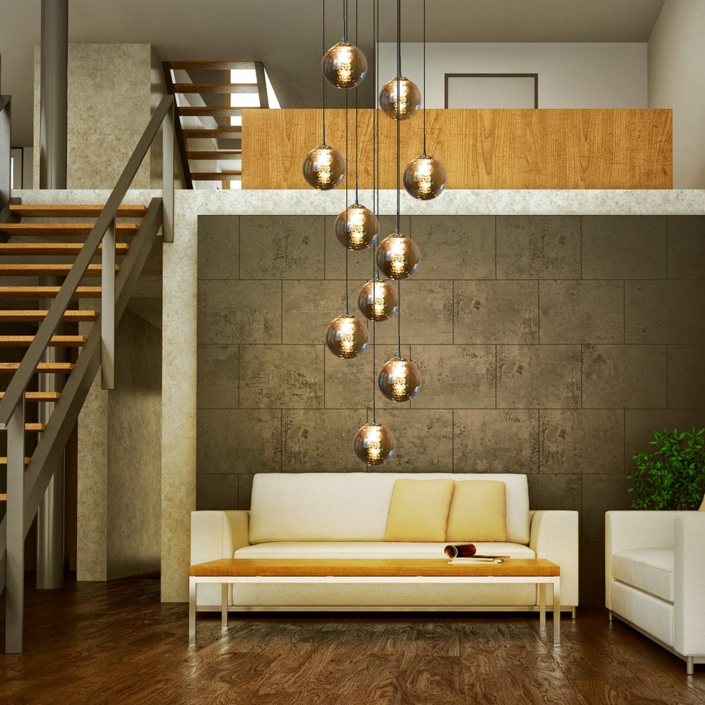 CBJKTX pendant light staircase pendant lamp height adjustable - modern dining table pendant light 10-flame hanging lamp smoke grey made of glass 200CM dining table lamp for living room dining room kitchen hallway staircase