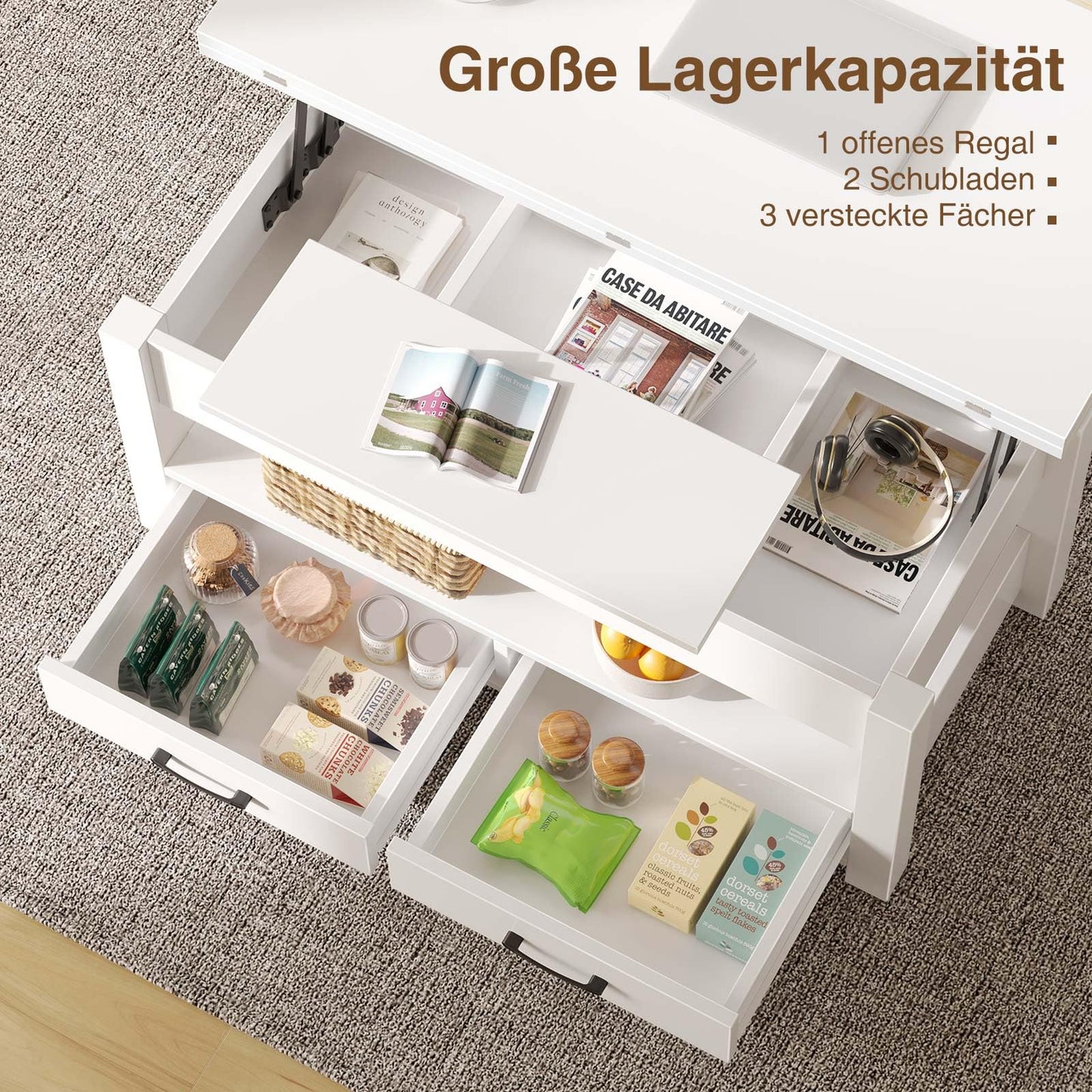 Rolanstar Adjustable Height Coffee Table, Living Room Table with Drawer & Hidden Compartment, Convertible Coffee to Dining Table, 100 x 50 cm Wooden Sofa Table, White