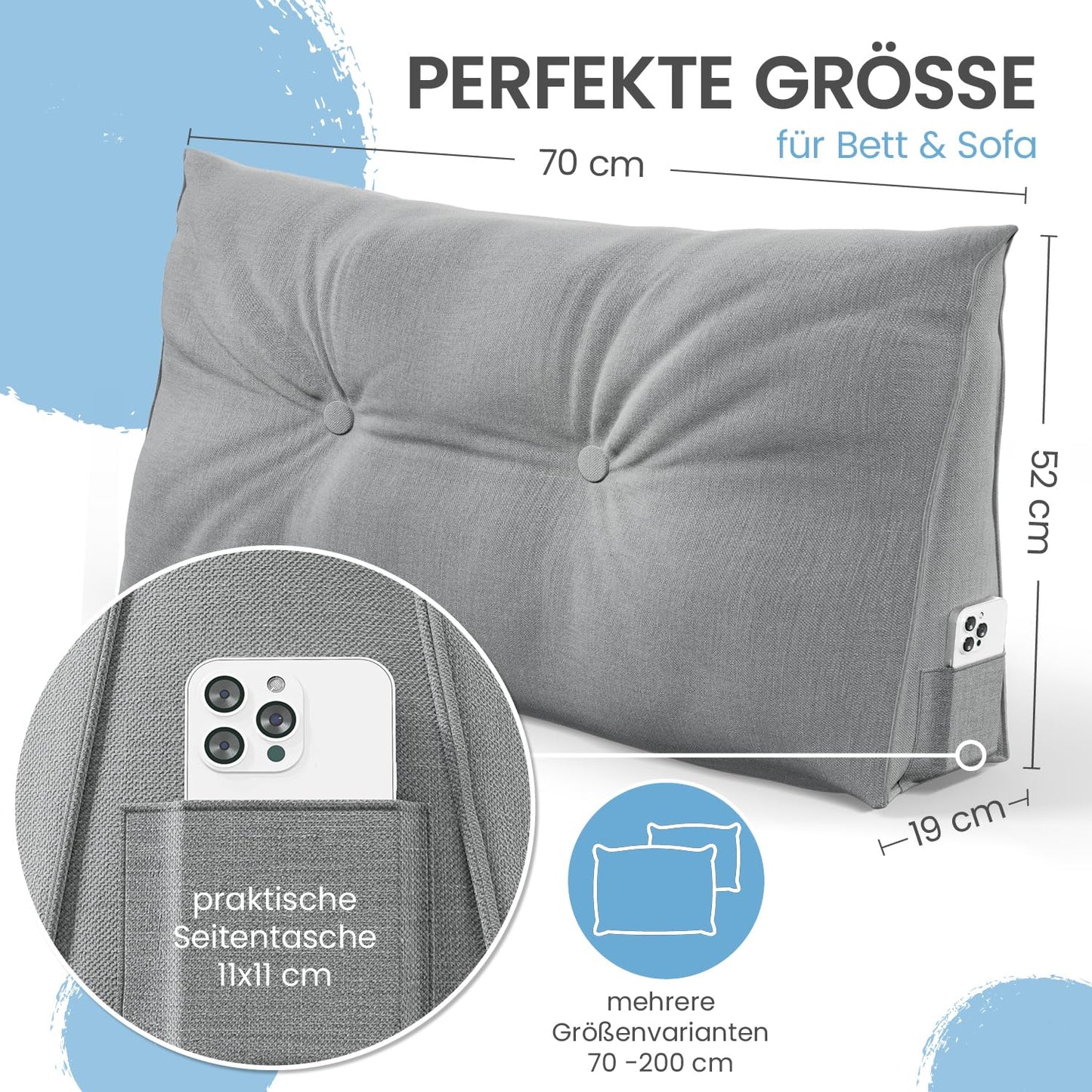 ELONEO back cushion 70 cm wide, wedge cushion suitable for bed and sofa, triangular reading pillow, pillow with removable and washable cover, with practical side pocket.