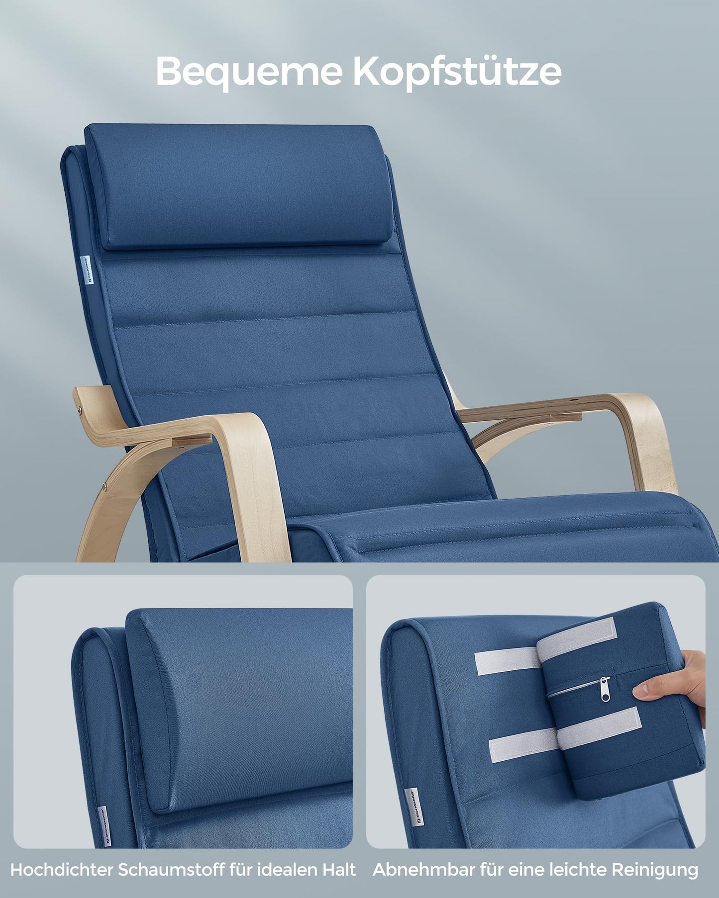 SONGMICS rocking chair with birch armrests, rocking armchair, 5-position adjustable footrest, up to 150 kg load capacity, for bedroom, living room, midnight blue-natural LYY010Q01