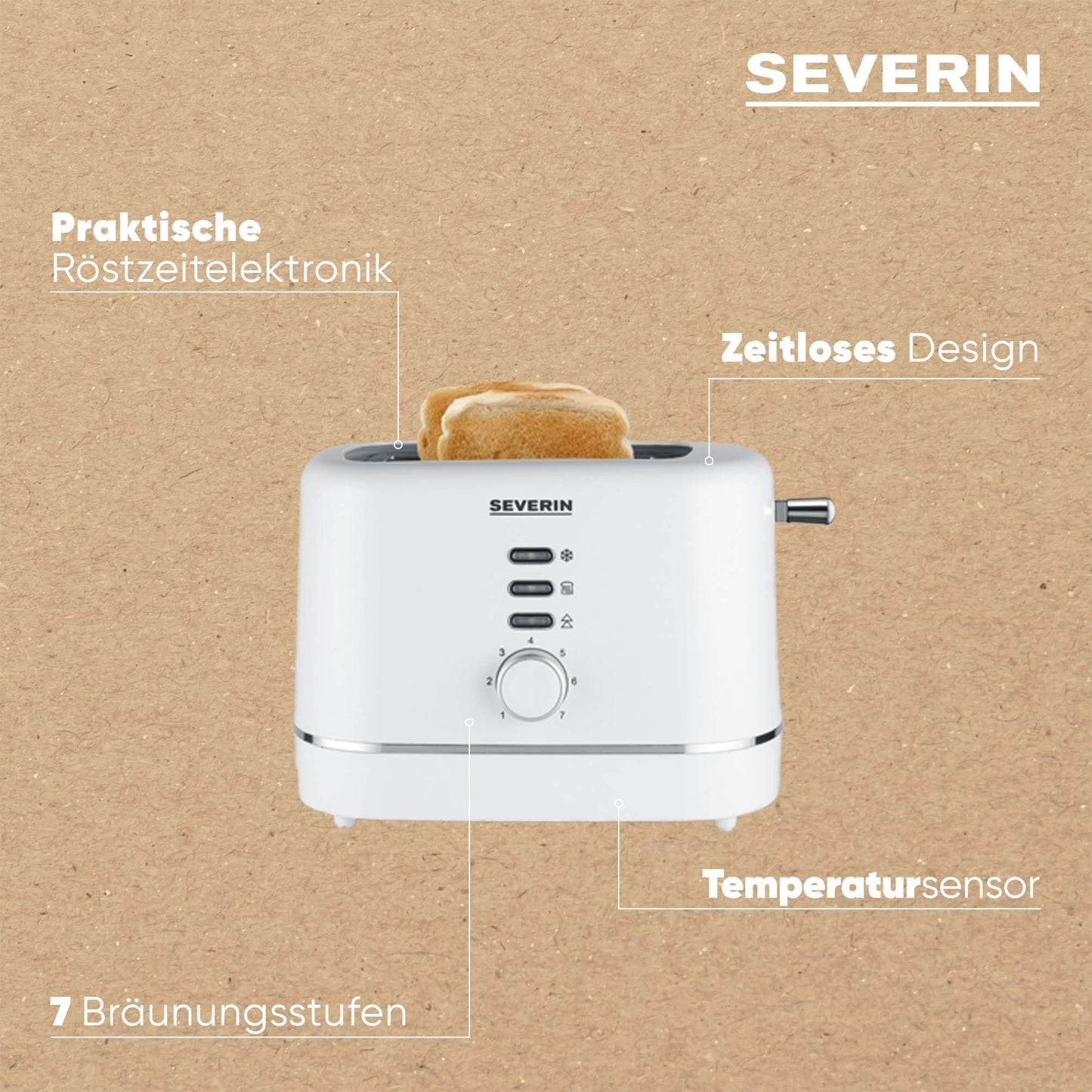 SEVERIN automatic toaster for 2 slices, stainless steel roll-up attachment, warming & defrosting function, adjustable browning level, auto shut-off, 850 W, white, AT 4324