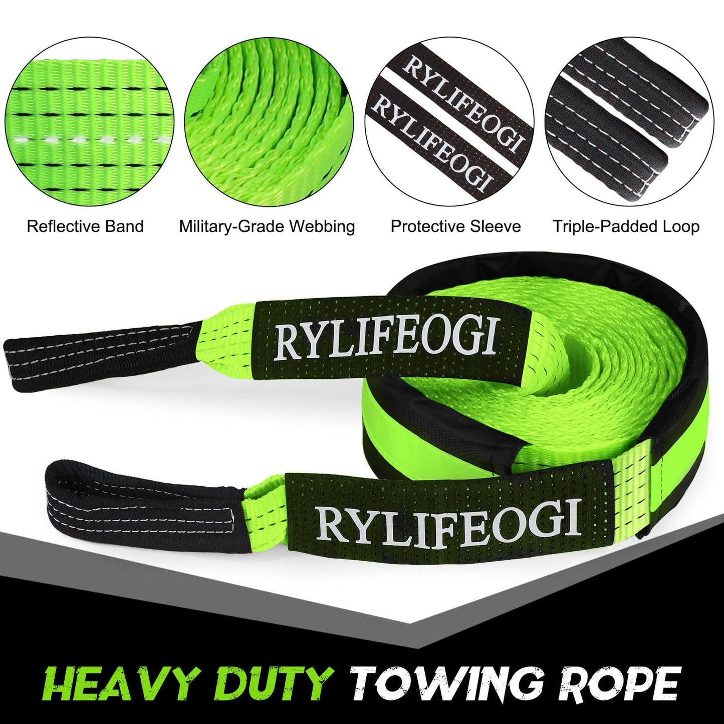 RYLIFEOGI Tow Rope 10 Tons (22,000Lbs), 5mx5cm Heavy Duty Tow Strap with 2 Reinforced Hooks 2 Gloves for Off-Road Vehicles (Green)