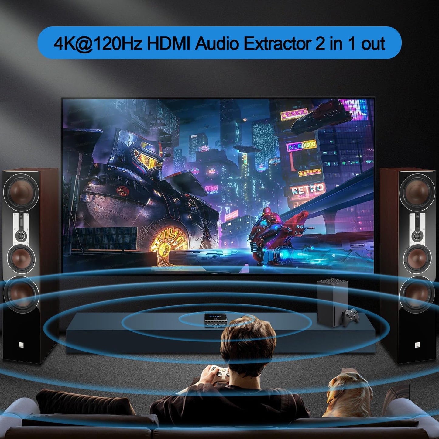 8K@60Hz 4K@120Hz HDMI2.1 Audio Extractor 2 in 1 Out, 48 Gbps, HDCP 2.3, SPDIF 5.1Ch, L/R 2.1Ch, Supports ARC TV Apps, VRR, ALLM, HDCP Bypass, HDR, Vision Atmos, Soundbar, Graphics Card.