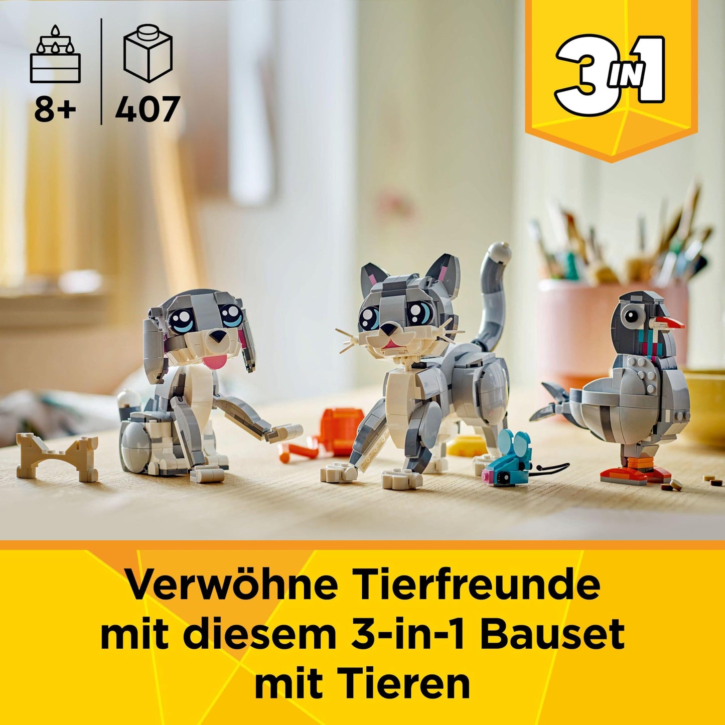 LEGO Creator 3in1 Gray Cat - Animal figure can be rebuilt into a dove or a dog - Toy with minifigures for building - Creative birthday gift for girls and boys aged 8 and up - 31163