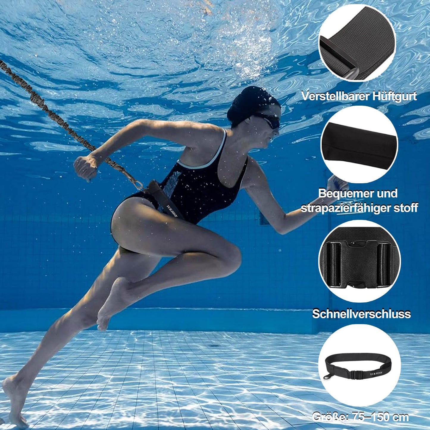 Pool swimming belt for kids and adults, 4-7.5M swim trainer swim cord with adjustable swim resistance belt, increases strength and endurance, perfect alternative to a counter-current system.