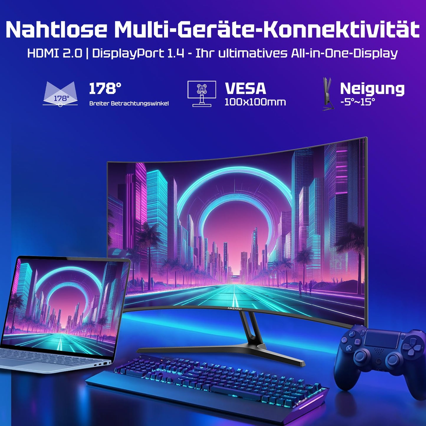 Amzfast Curved Gaming Monitor 27-inch, 240Hz (DP), FHD (1920x1080), sRGB 130%, DCI-P3 98%, VA Panel 1500R, 1ms GtG, Adaptive Sync, Eye-Care, VESA 100x100, HDMI 2.0/DP 1.4 with DP cable - AMZG27C1 Pro