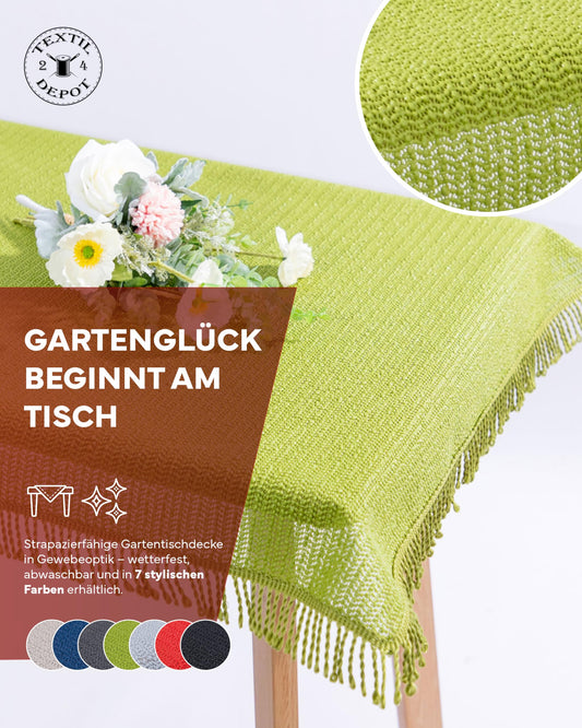 Textile garden tablecloth 160 x 220 cm oval Green with fringes weatherproof foam-backed non-slip