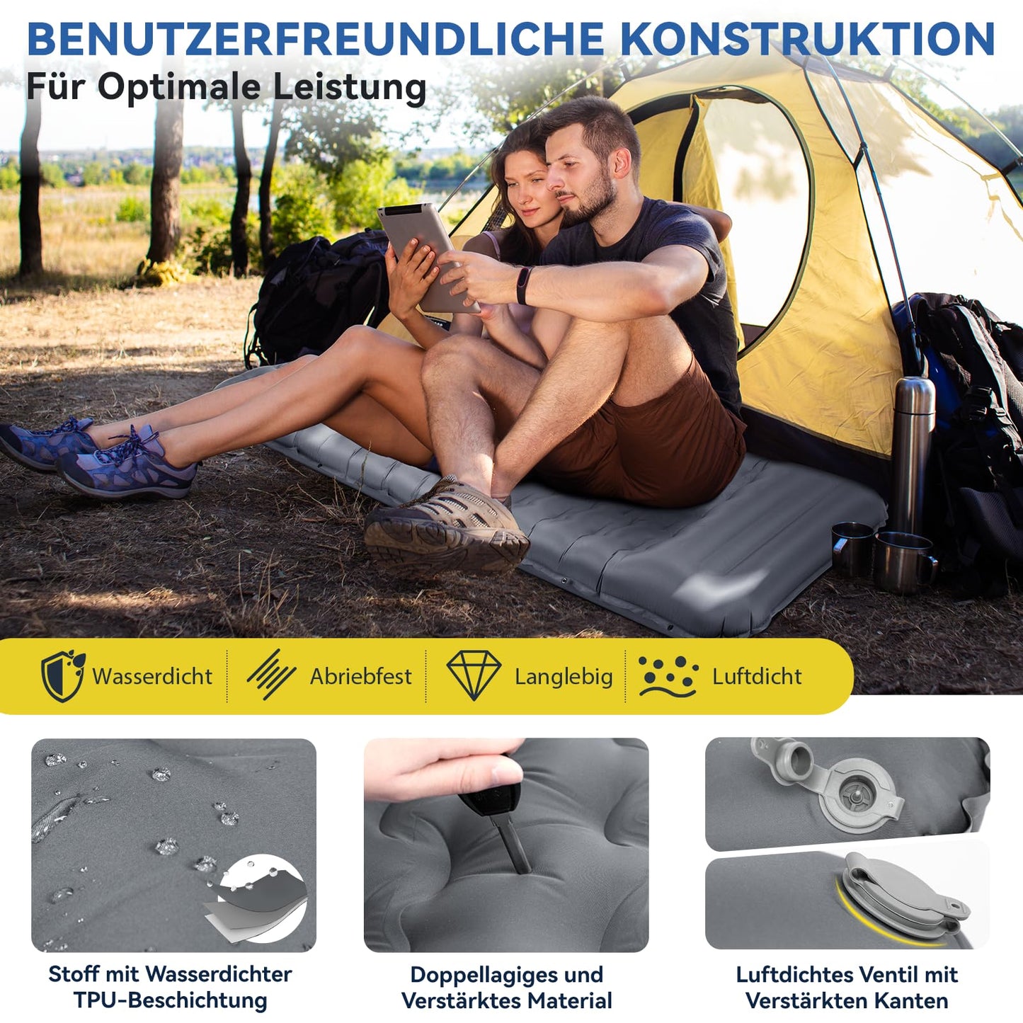 HIKENTURE Self Inflating Sleeping Pad, 13CM Thick Camping Mat with Pillow, Inflatable Air Mattress Small Pack Size, Ultralight Sleeping Mat with Foot Pump for Outdoor, Hiking, Tent - Gray