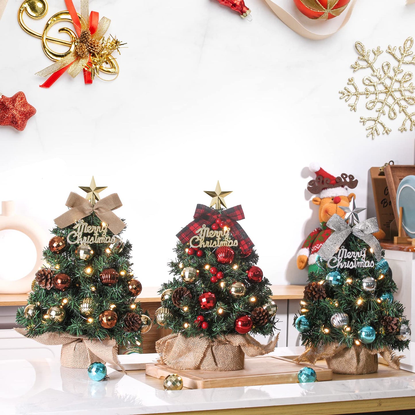 Mini Christmas Tree Small Christmas tree with LED lighting table Christmas tree small artificial decorated for Christmas decoration 40cm (Brown with Gold)