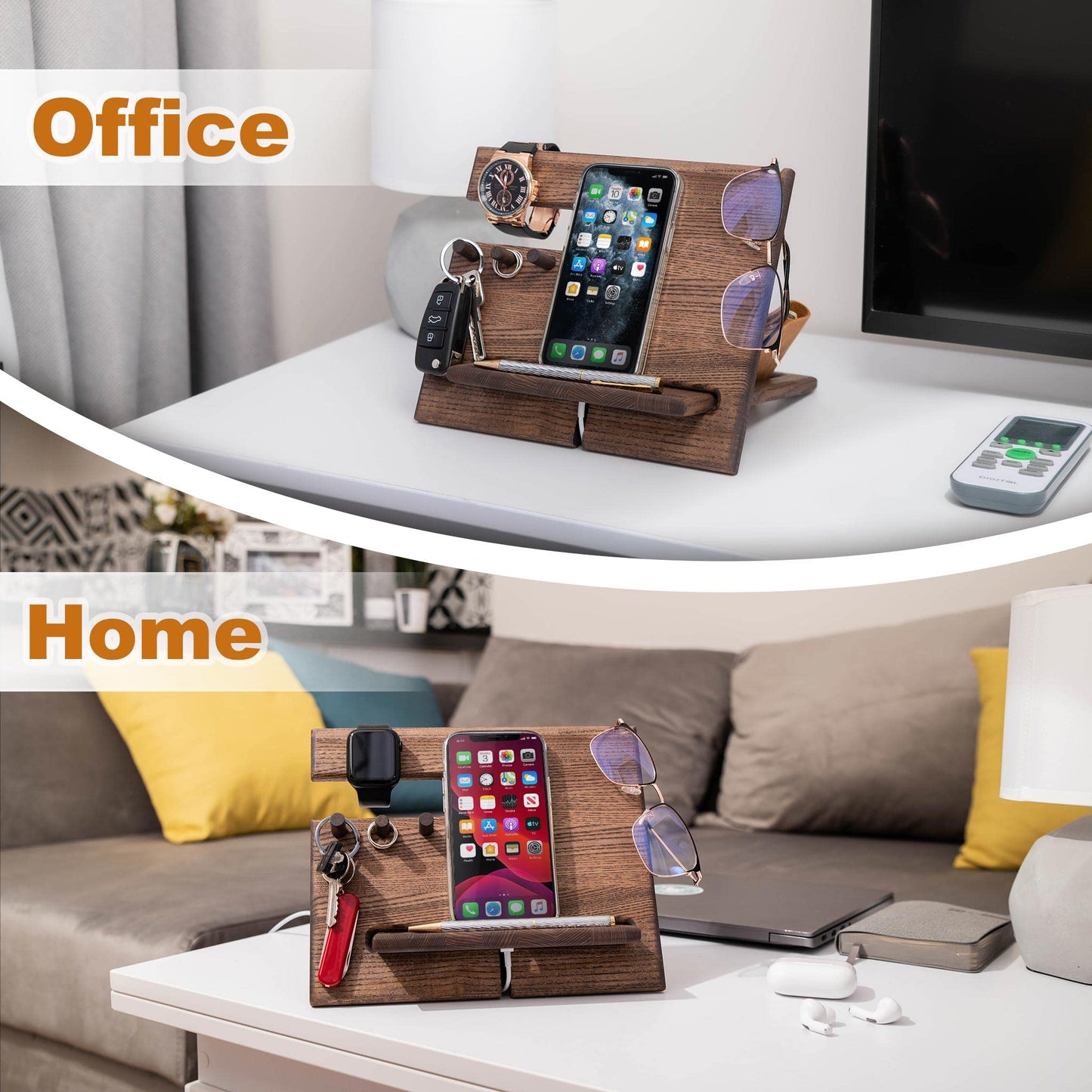TESLYAR Desk Organizer Wood Ash Wenge - Phone Stand & Key Organizer with 3 Hooks for Office Storage & Organization - Wooden Gifts for Men Ideas