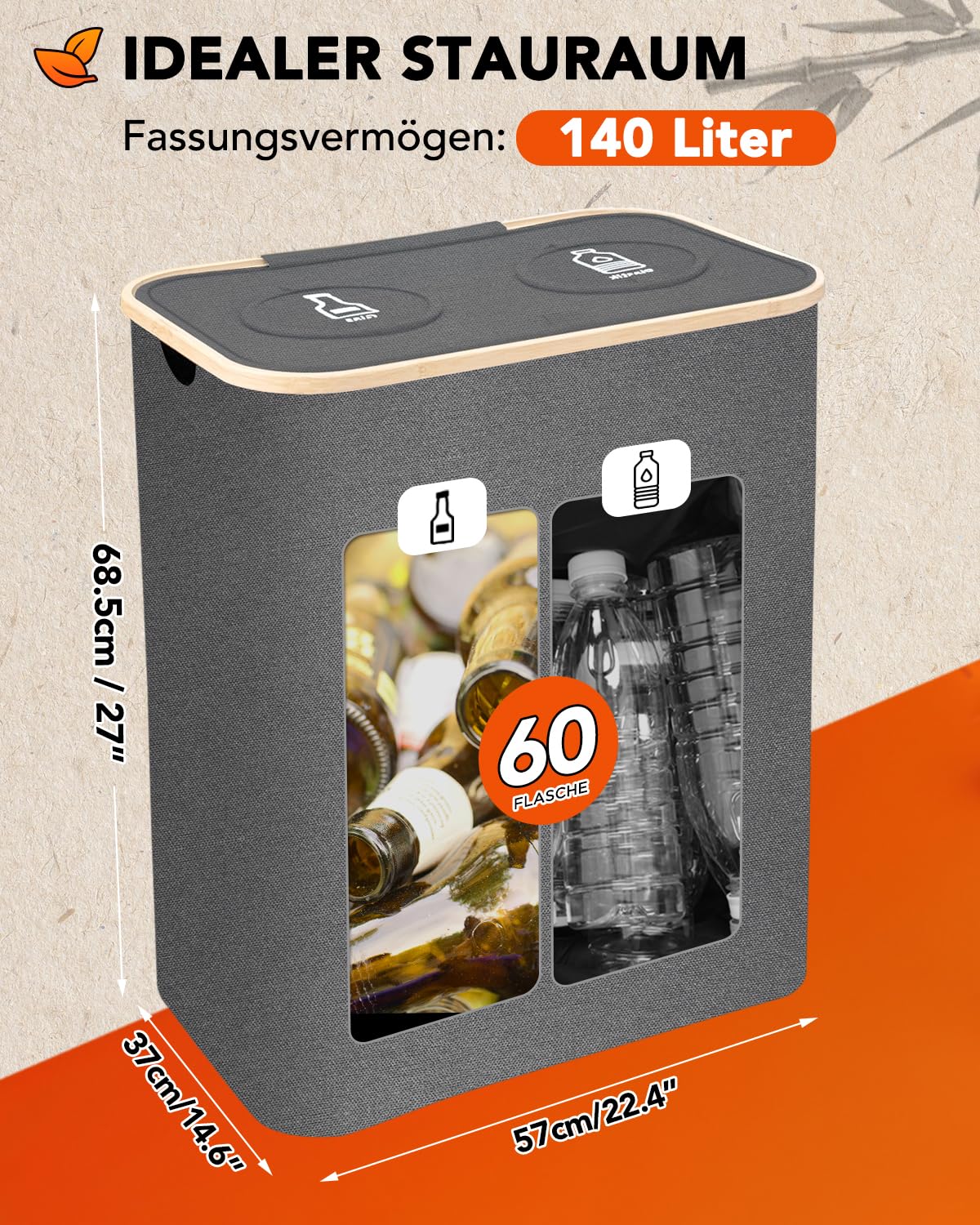 SOUTHGATE 140L deposit bottle collection bin with lid, collapsible container for empties & glass with 2 compartments & XXL carrying bags, 100% recyclable storage box, for shared flats, large families, parties.