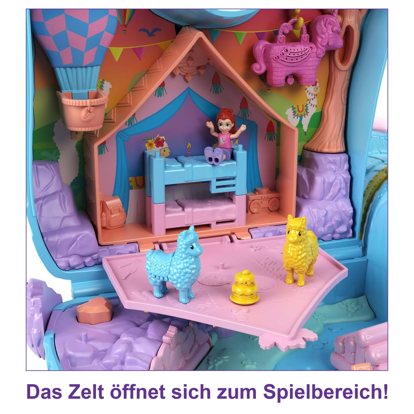 Polly Pocket case, llama in pajama party theme, with 25 accessories including 2 dolls and 2 llamas, interactive elements for immersive play, toy for ages 4 and up, HHX74.