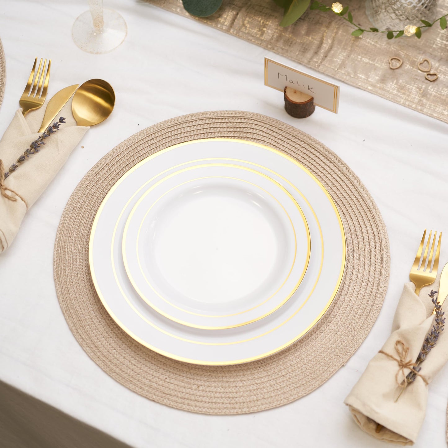 MATANA 120 Premium White Plastic Plates with Gold Rim, 2 Sizes - Unbreakable & Reusable Plastic Plates, Party Plates for Weddings, Birthdays, Parties - Elegant & Sturdy Party Tableware