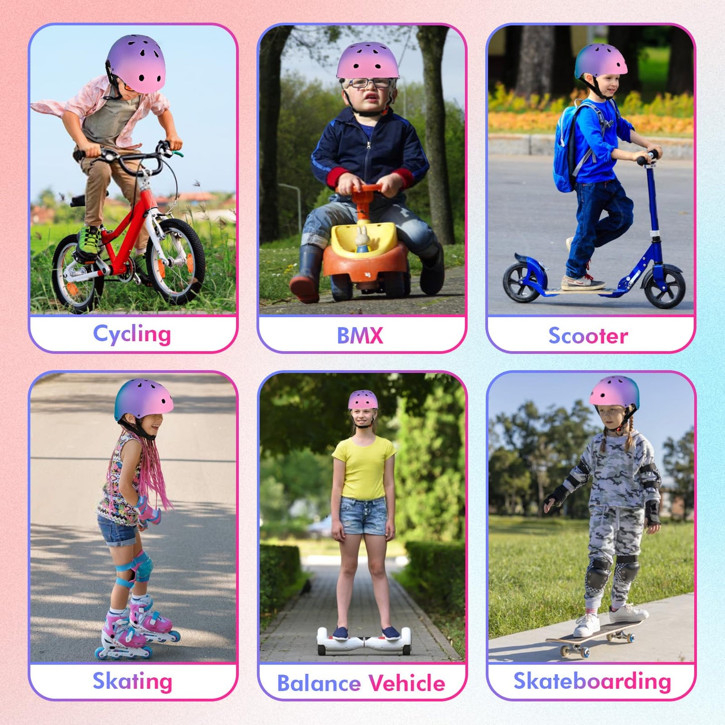 LOKJIJI Adjustable Kids Bike Helmet Skater Helmet for Girls Boys Children Youth, Color Gradient Kids Protective Helmets for Multi-Sports Bicycle Skateboarding Skating, Purple, S