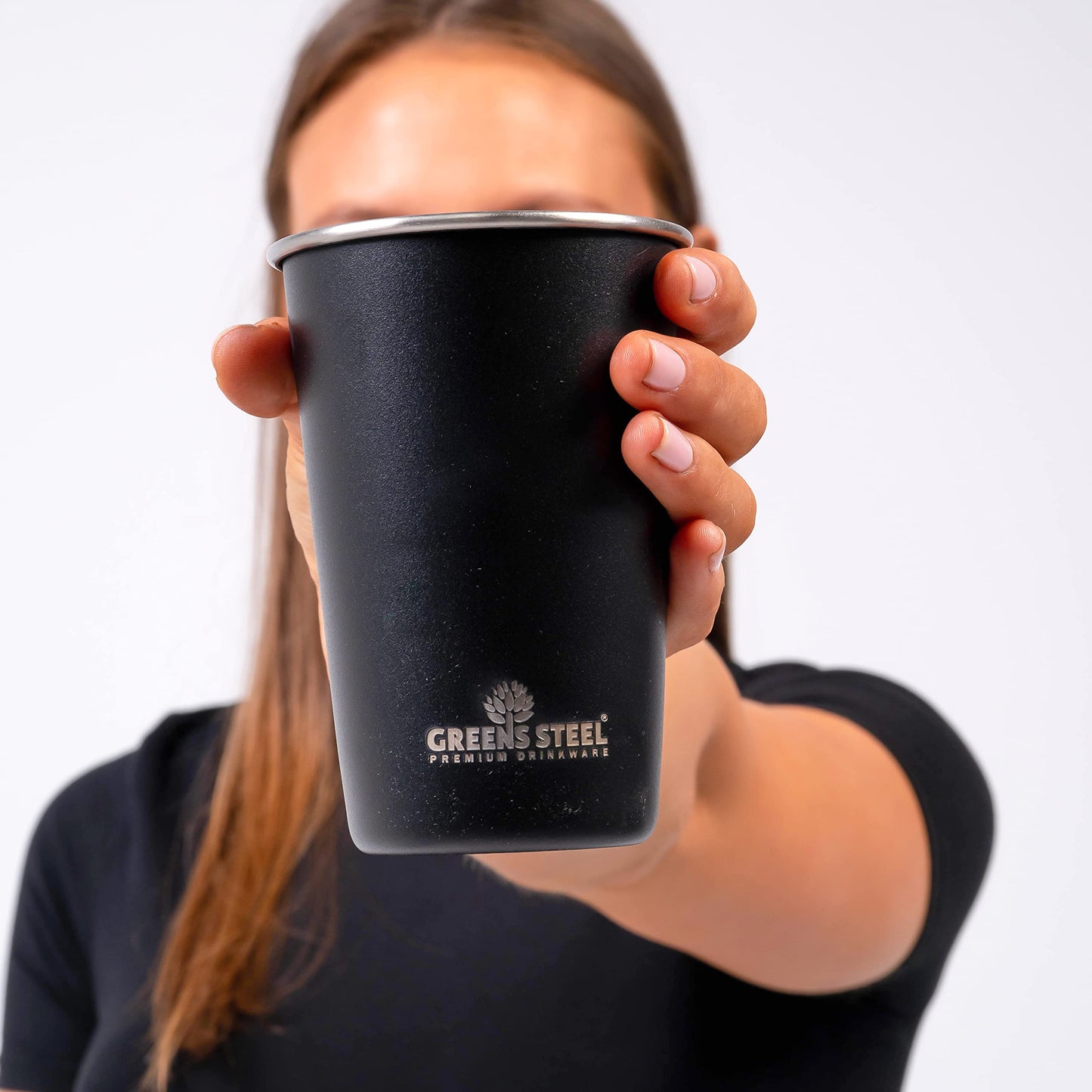 Greens Steel Stainless Steel Tumbler - Set of 4, Black, 16oz I Single-walled, stackable & reusable drinking cup set I Scratch-resistant, non-slip, colorfast & BPA-free I Ideal for travel & camping