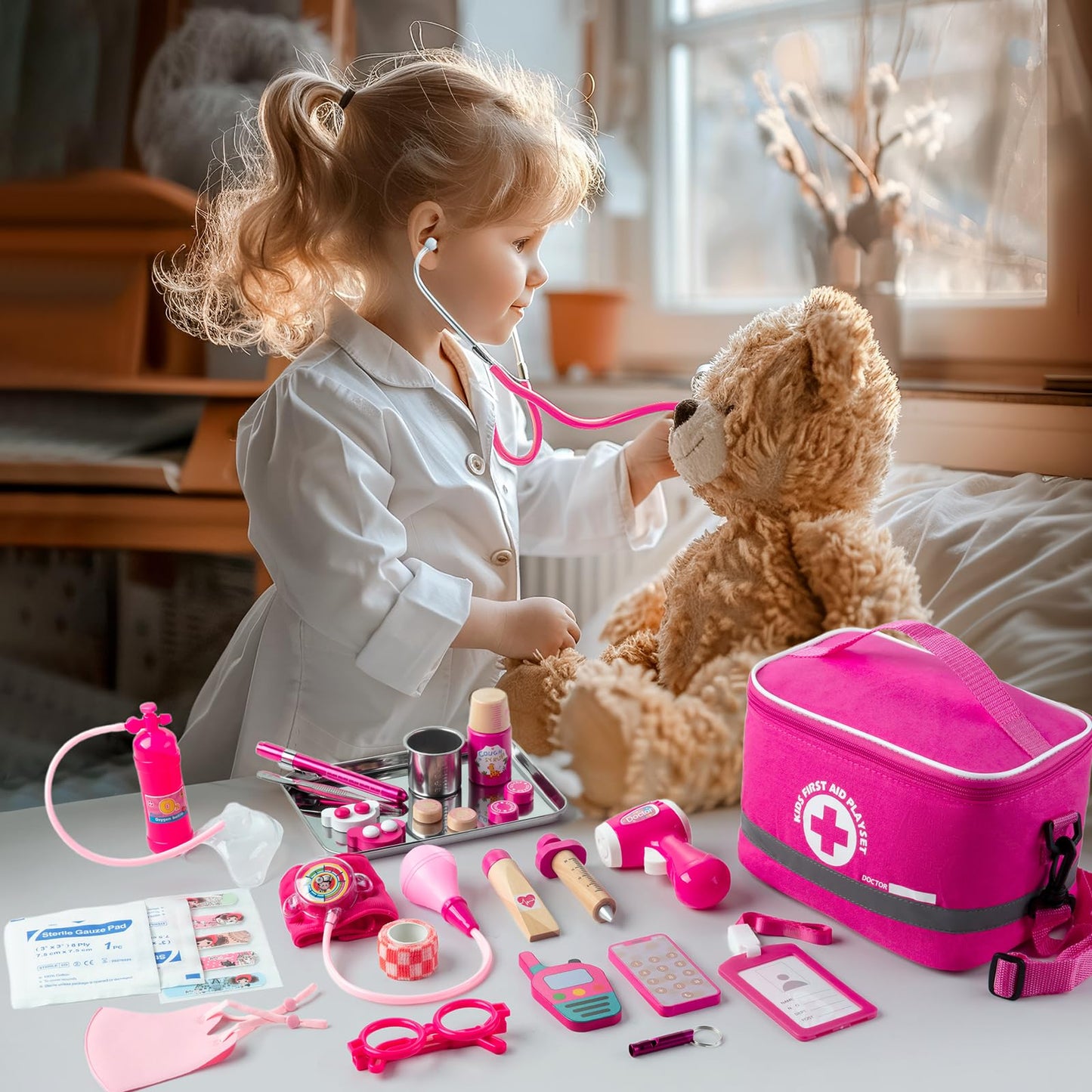 EFO SHM Doctor's Kit for Kids Wooden Doctor's Case with Real Stethoscope, Doctor's Coat, Doctor's Bag, Thermometer, and Syringe - Gift for Children Role-Playing Toys from 3 years