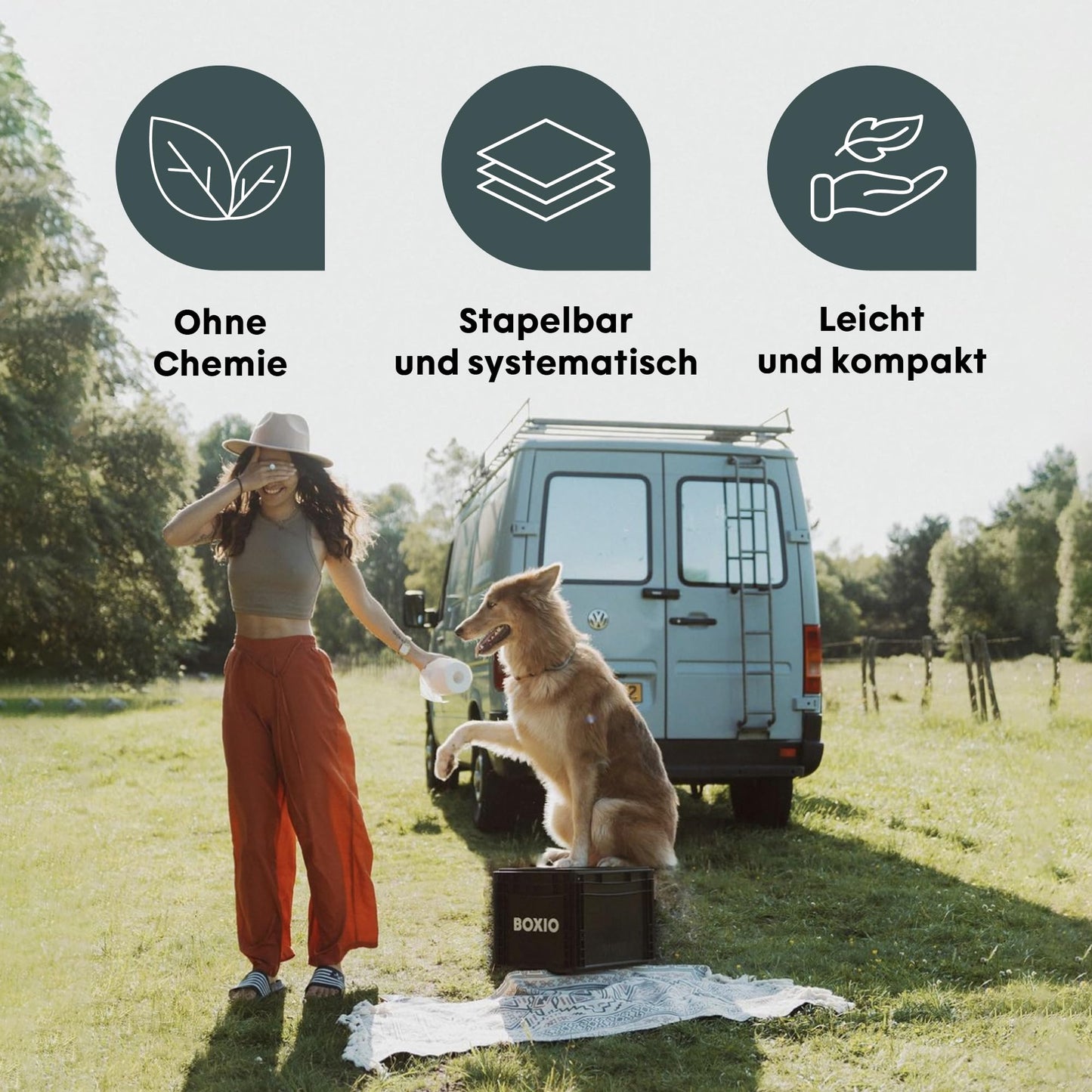 BOXIO - Toilet Max+: Camping toilet complete set, mobile dry separation toilet without chemicals for camping, van, outdoor, rooftop tent. Toilet on Eurobox basis without electricity for on the go, black, 40x30x28.