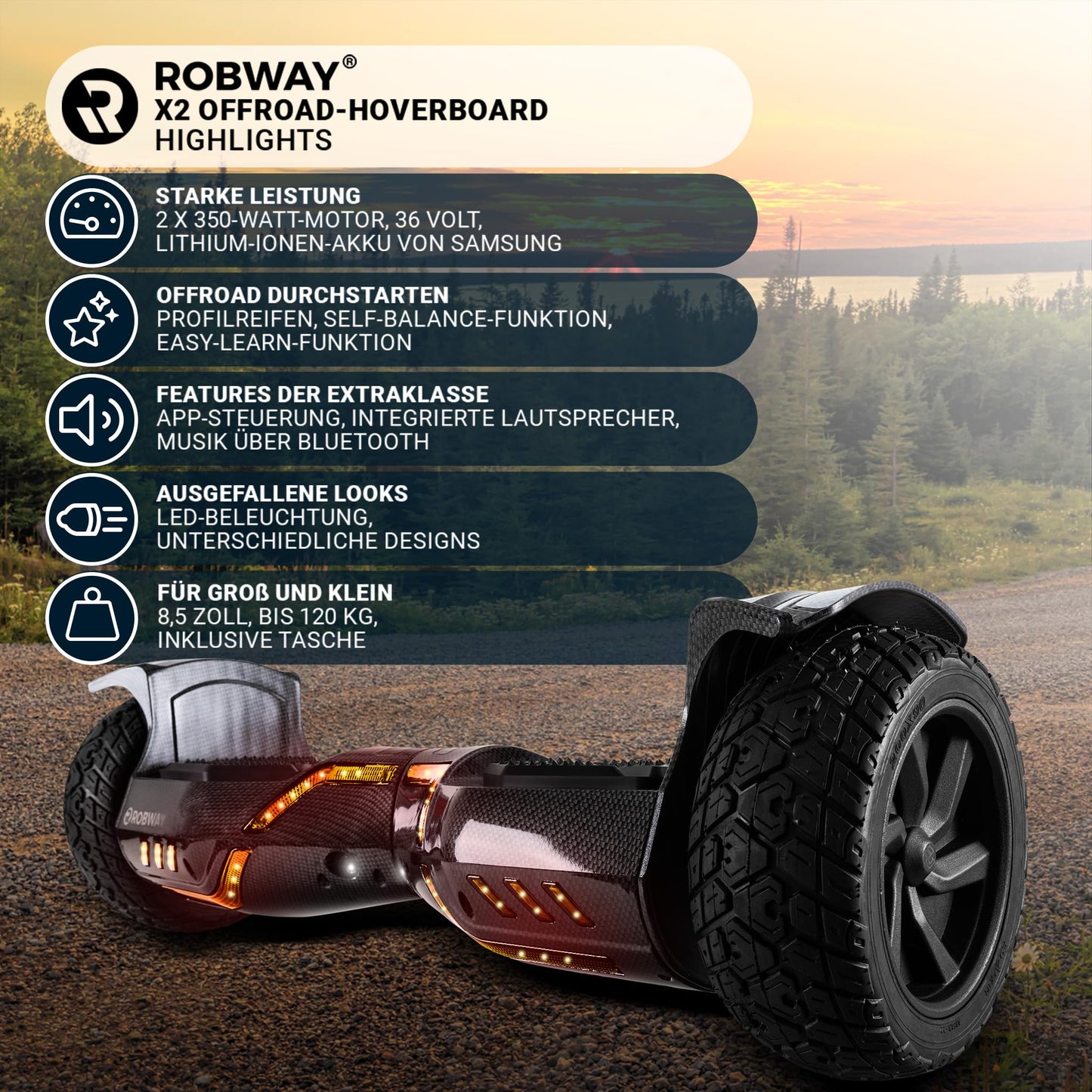 Robway X2 hoverboard | ๐๐๐ ๐๐๐๐๐๐๐๐ ยฎ hoverboards for kids, teens, & adults - APP control - ๐ฎ x ๐ฏ๐ฑ๐ฌ watt motors - self-balance - Bluetooth (X2 black matte, off-road)