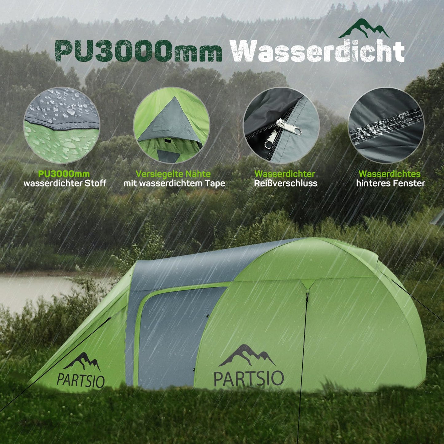 Partsio camping tent with vestibule tent 2-4 people Waterproof 4000mm dome tent Vestibule Detachable for trekking & festival Family camping trip Trekking garden Living space volume: 7.2 m³