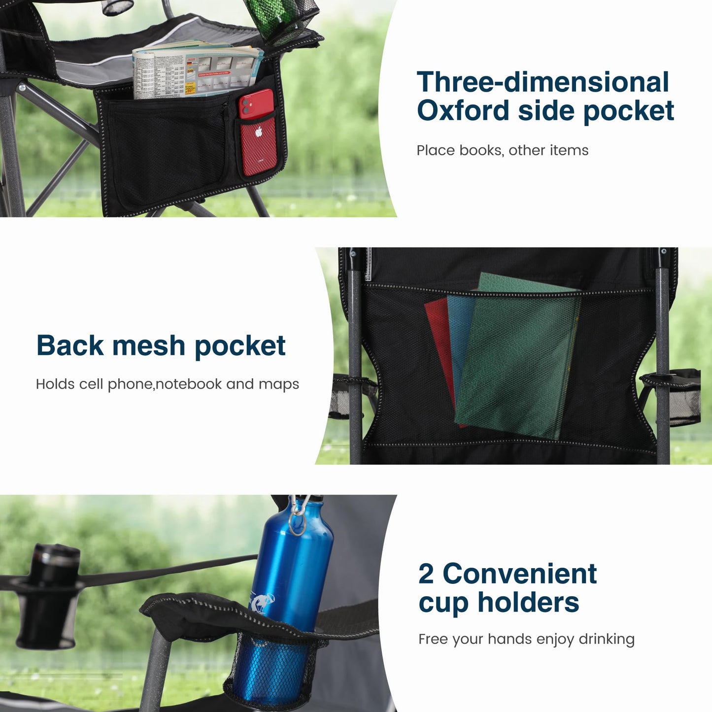 HIGH POINT SPORTS Folding Camping Chair up to 160kg Camping Seat Foldable Chair with Cup Holders Foldable Camping Chair Fishing Chair Foldable.