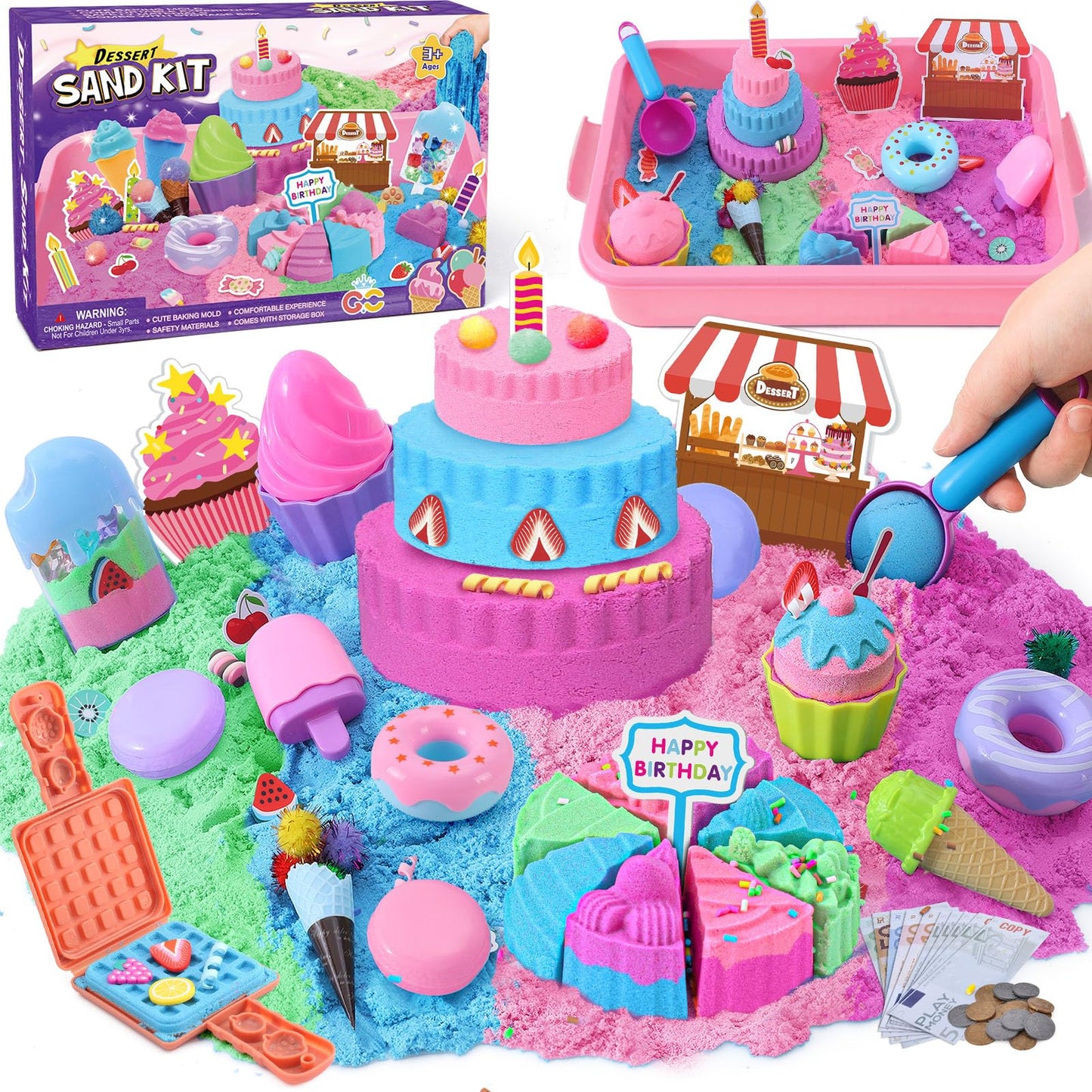 Toyssa Ice Cream Parlor Play Sand Sand Toys Ice Magic Sand Kit with 900g Kinetic Sand Cake Mold Play Money Ice Cream Toy for Kids, Play Sand Set Magic Sand Gift for Kids Girls 3 4 5 6 7 8 Years