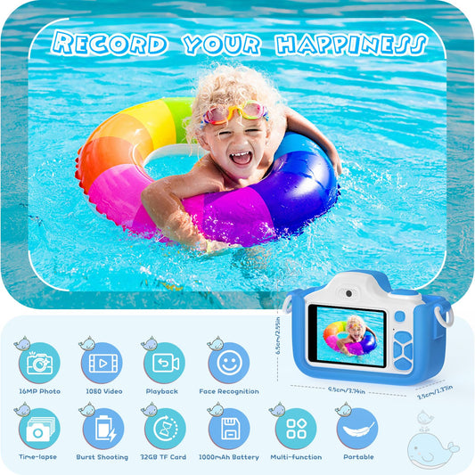 Kriogor Kids Camera, Digital Camera for Selfies and Videos with 16MP/Dual Lens/2" Screen/1080P HD/32G TF Card/9x Digital Zoom. Perfect birthday gift for kids.